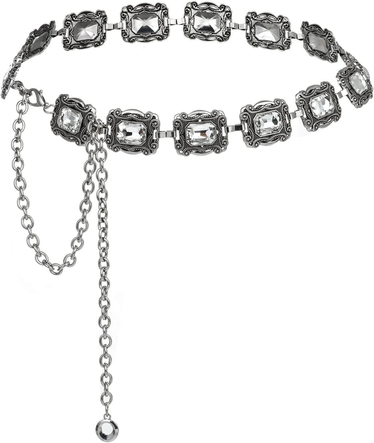 کمربند زنجیری الماس شیشه ای سبز ایلوواتار، کمربند فلزی الماس دار مناسب لباس زنانه، کمربند فلزی به سبک وسترن زنانه