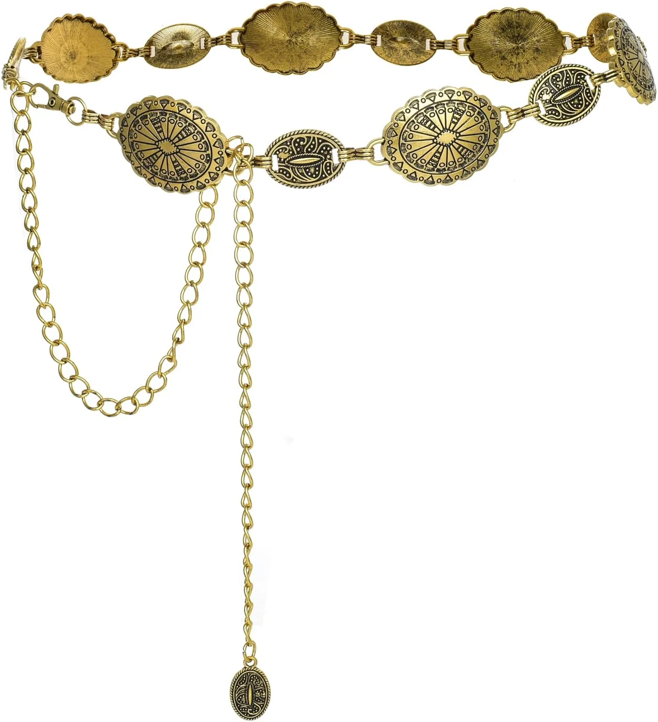 زنجیر کمری زنانه ILuvatar، زنجیر فلزی برای لباس، زنجیر طلایی برای بافت، کمربند پانک با سنگ فیروزه ای به سبک وسترن