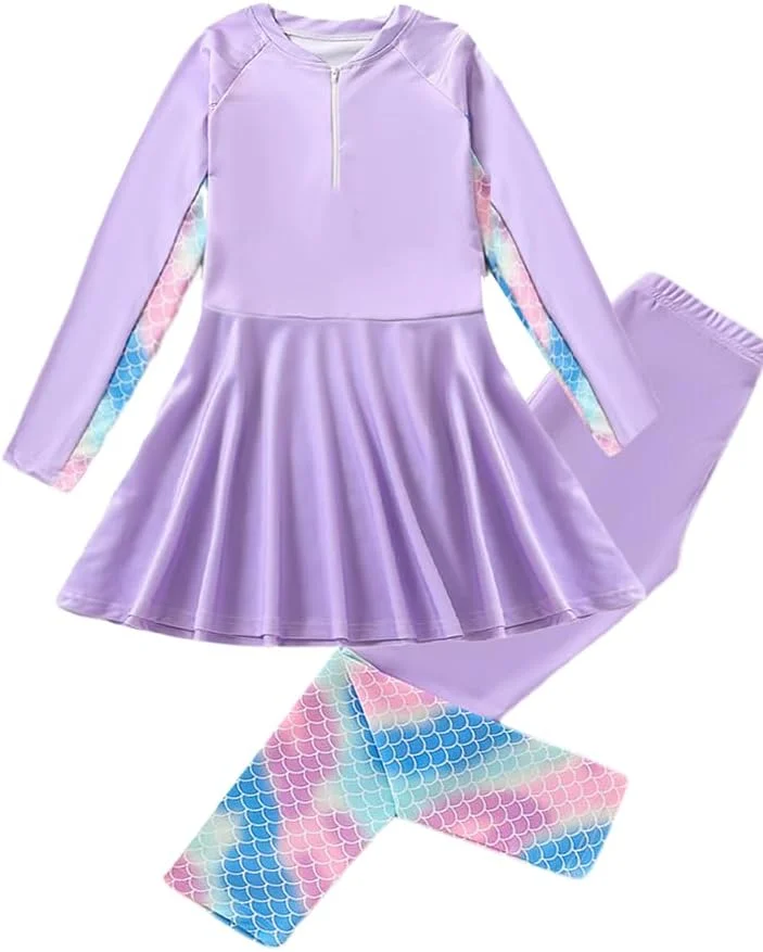 ست مایو آستین بلند دخترانه، لباس شنای پوشیده، محافظ بث، مناسب شنا، پوشش کامل، سایز 8-12 سال (2 تکه)