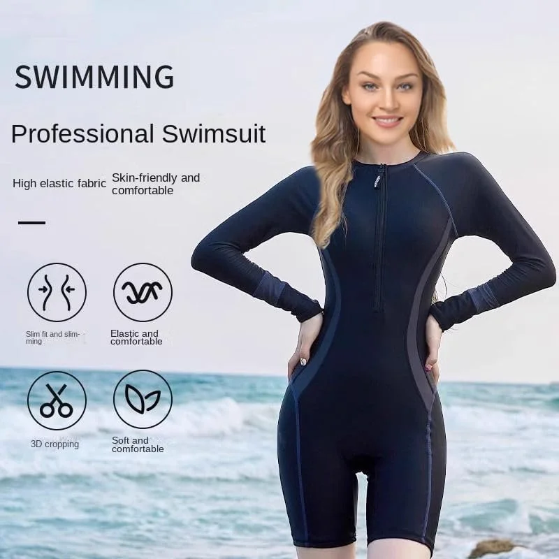 مایو شنای یک تکه زنانه با آستین بلند، محافظ در برابر آفتاب، دارای پد و زیپ جلو، مناسب موج سواری و شنا مایو شنای یک تکه زنانه با آستین بلند، محافظ در برابر آفتاب، دارای پد و زیپ جلو، مناسب موج سواری و شنا