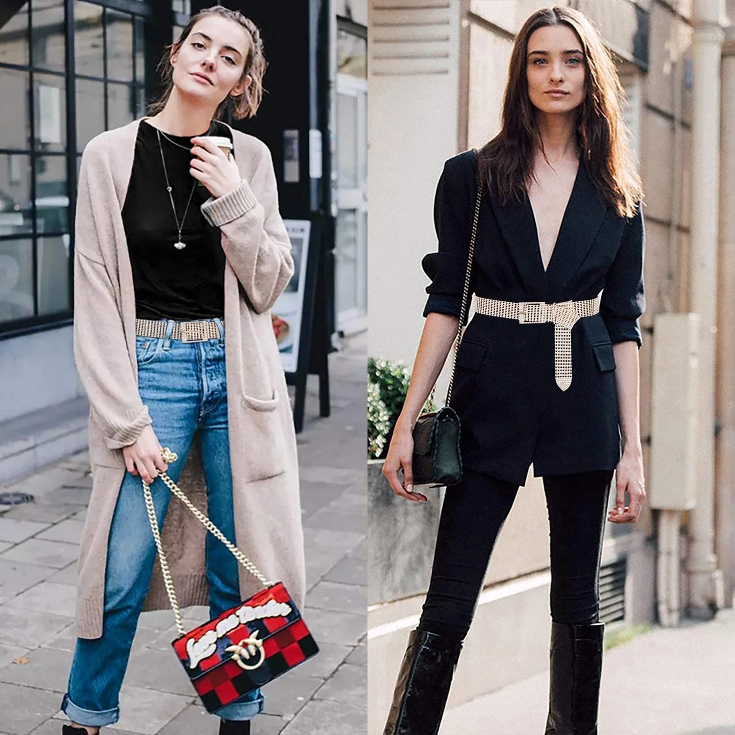 کمربند زنانه جافیوست با زنجیر قابل تنظیم و طراحی آینه ای براق طلایی (طلایی، 6 سانتی متر)