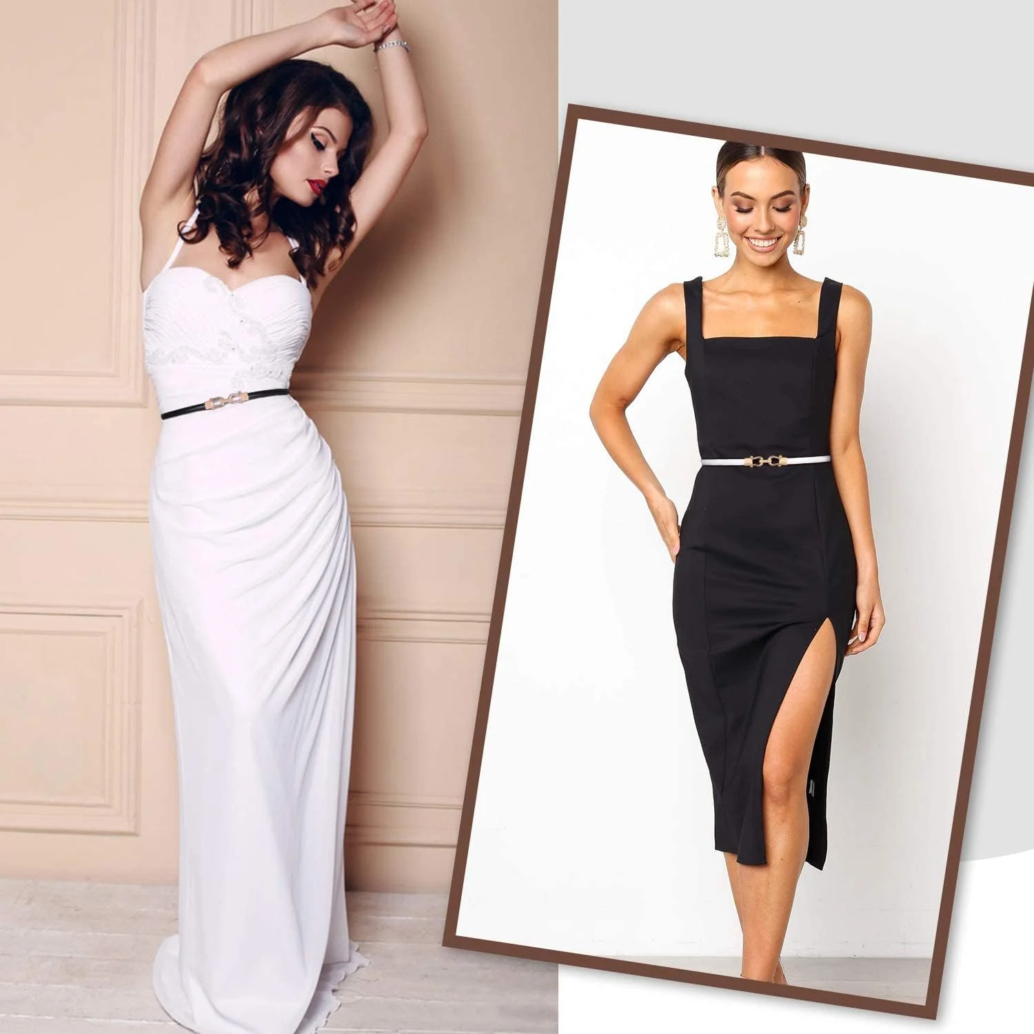 کمربند باریک چرمی زنانه JASGOOD با سگک طلایی، مناسب برای لباس تا سایز 37 اینچ، بسته 2 عددی