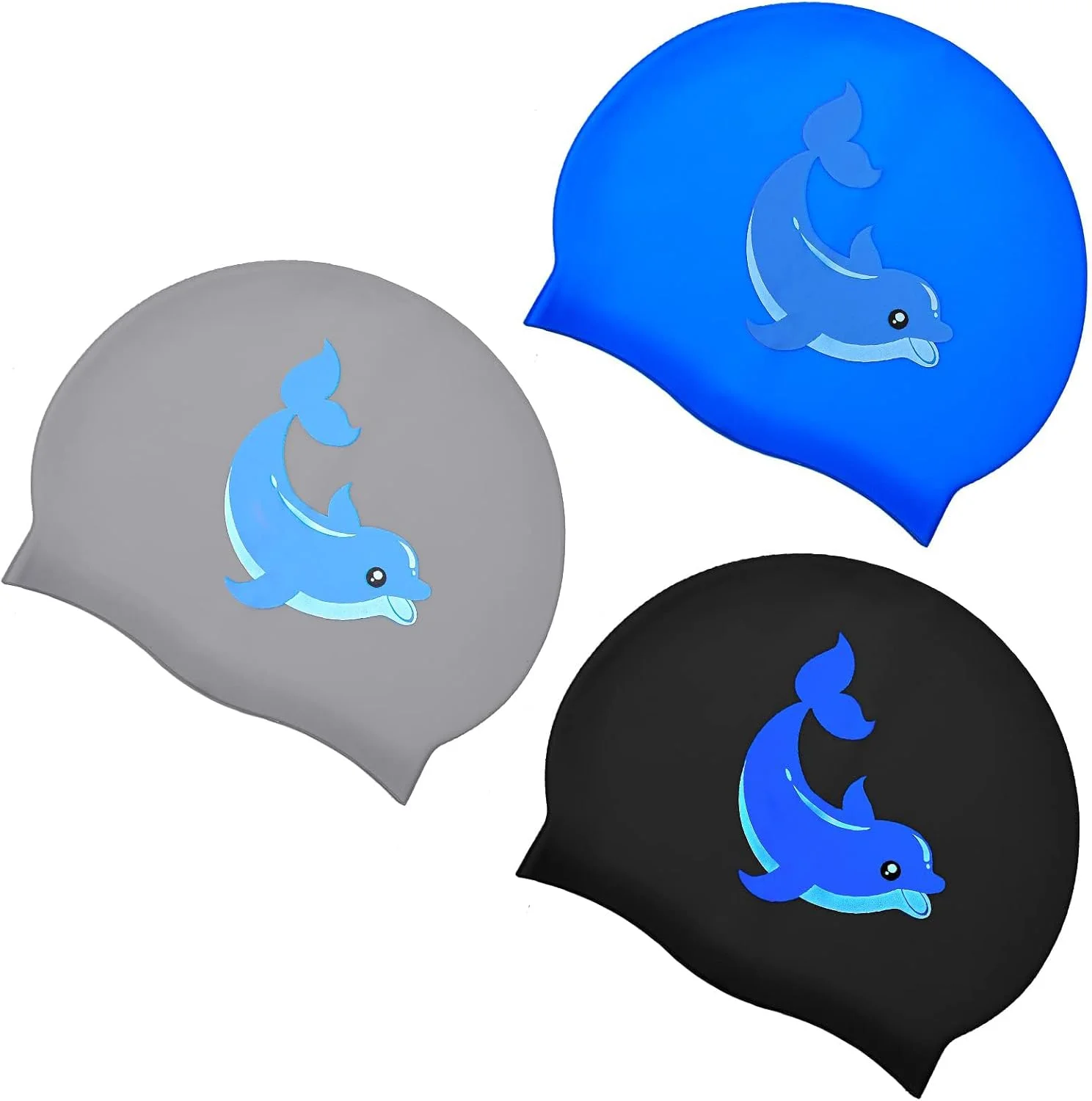 آزونه 3 عدد کلاه شنا کودکانه، کلاه شنا سیلیکونی با محافظ گوش سه بعدی برای کودکان و نوجوانان، کلاه شنا کارتونی با طرح دلفین برای دختران و پسران (آبی، مشکی، خاکستری)