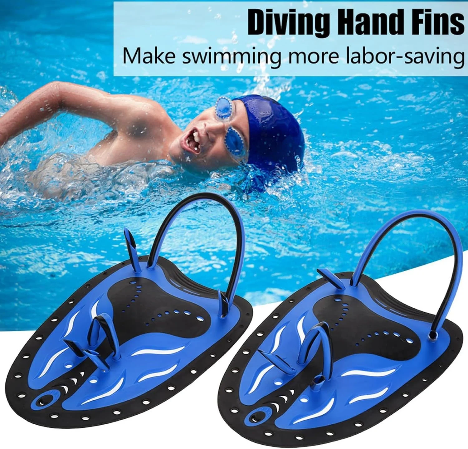 پدال های دستی شنا Azonee، پدال های دستی شنا قابل تنظیم، پدال های شنا تخت برای کودکان، آبی، سایز S