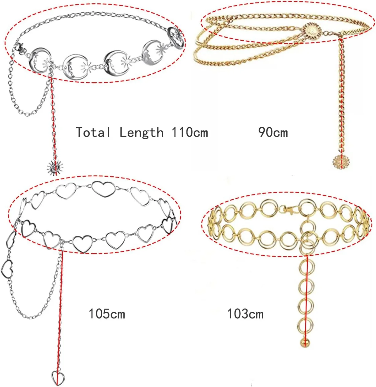 ست ۴ عددی کمربند زنجیری فلزی زنانه - کمربندهای زنجیری چند لایه مد روز قابل تنظیم برای شلوار و پیراهن
