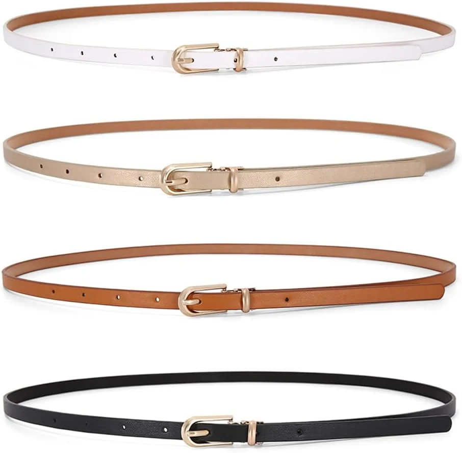 بسته چهارتایی کمربند باریک چرمی مصنوعی زنانه، کمربند باریک برای لباس، شلوار جین، مناسب بانوان و دختران، کمربند باریک کمر با عرض 1 سانتی متر
