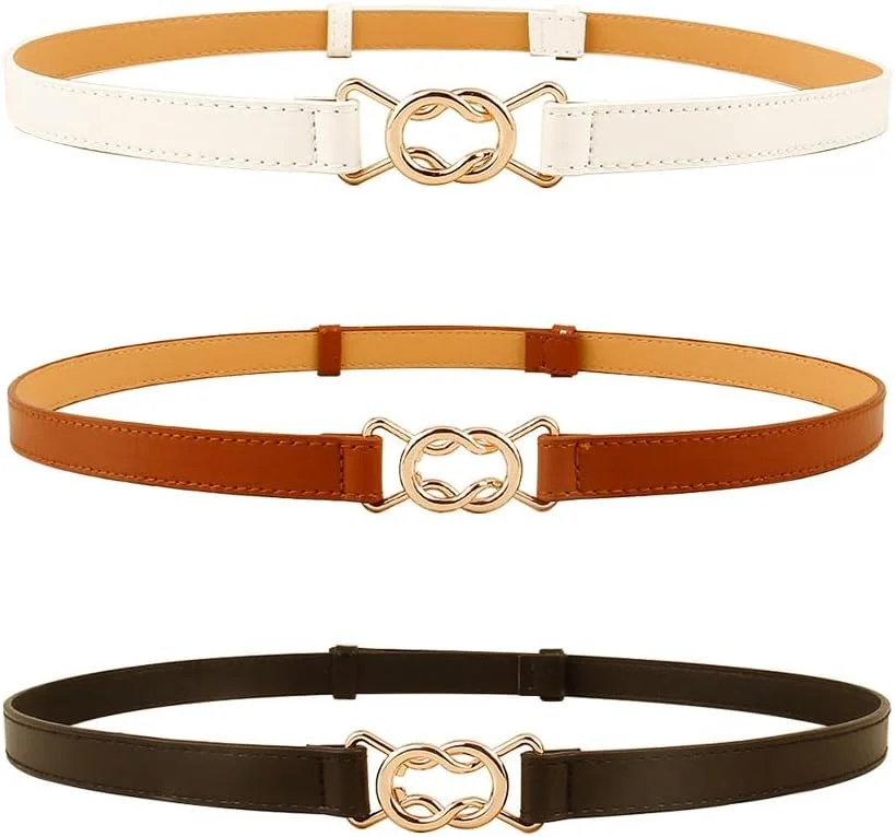 ست ۳ عددی کمربند باریک زنانه برای لباس، کشی و انعطاف پذیر با سگک فلزی، عرض ۱.۸ سانتی متر، مشکی، قهوه ای، سفید