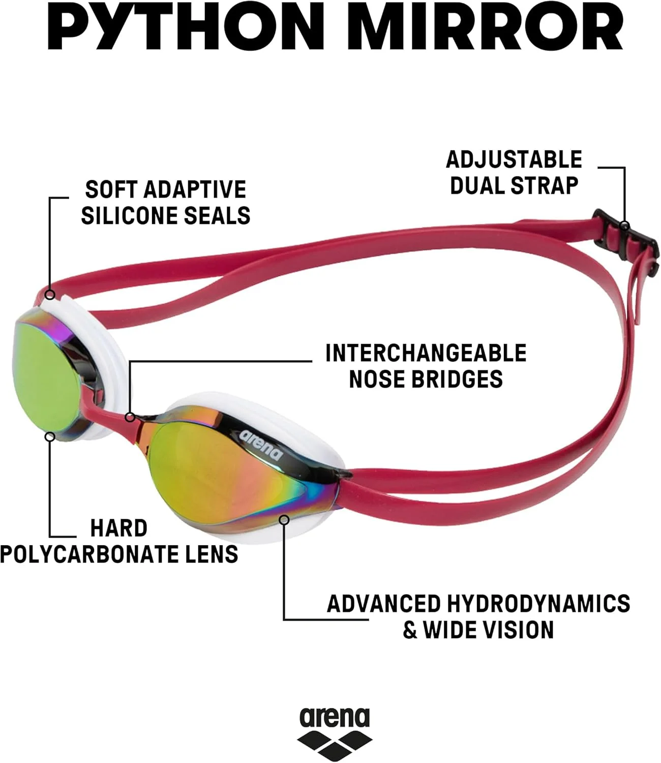 عینک شنا مسابقه ای آرنا مدل Python، محافظت در برابر اشعه ماوراء بنفش، ضد بخار، بند دوتایی، لنز آینه ای، مسی/سفید/شرابی عینک شنا مسابقه ای آرنا مدل Python، محافظت در برابر اشعه ماوراء بنفش، ضد بخار، بند دوتایی، لنز آینه ای، مسی/سفید/شرابی
