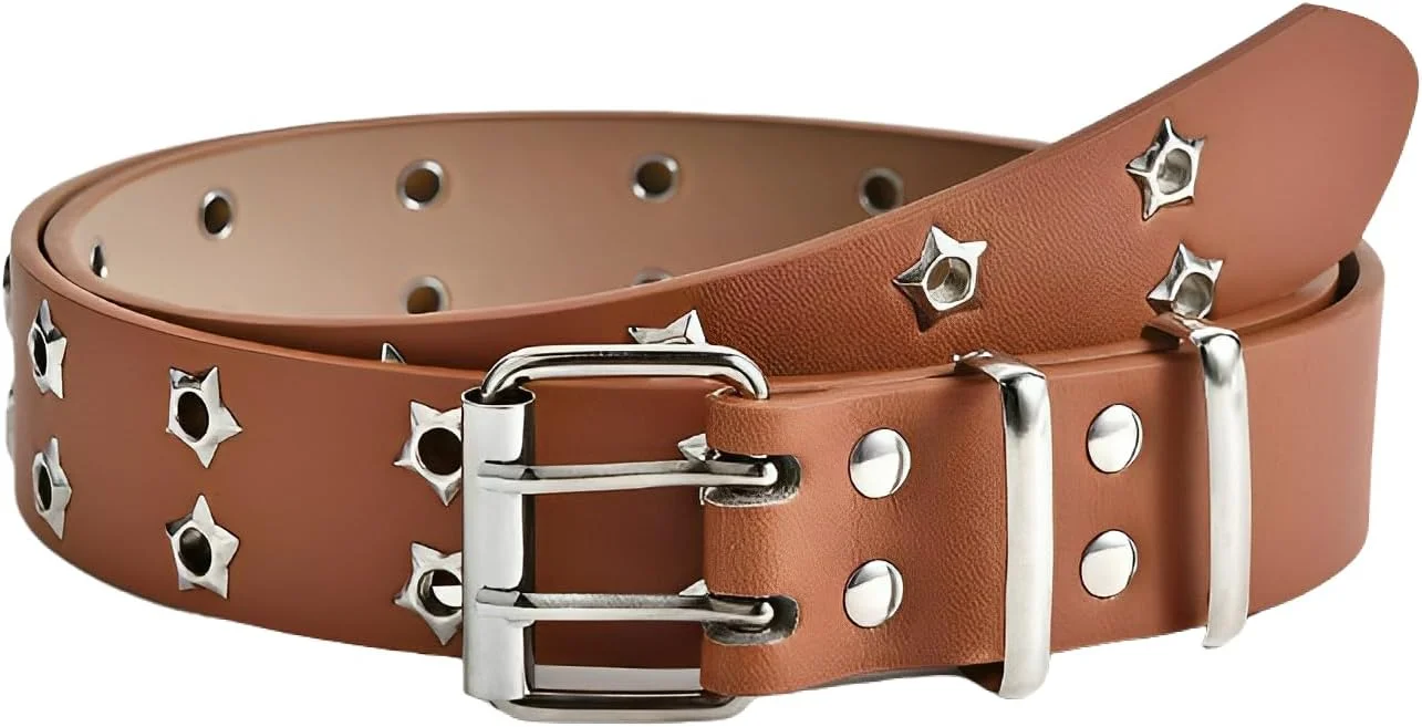 کمربند چرمی سوراخ دار زنانه و مردانه، کمربند مشکی با سوراخ های دوبل، کمربند پانک با پرچ ستاره ای و سگک سوزنی دوبل، کمربند چرم مصنوعی مناسب شلوار جین زنانه و مردانه