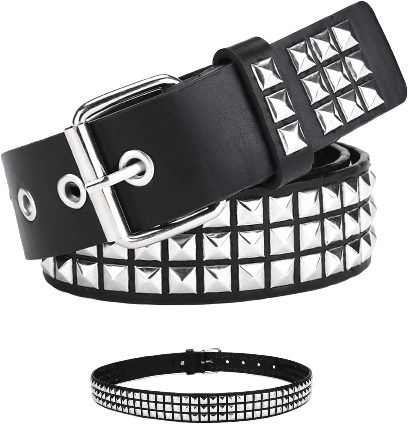 کمربند پانک منگوله دار چرمی پانک راک مشکی با سگک فلزی و پرچ های هرمی، مناسب برای شلوار جین، استایل راک، مردان و زنان، سایز آزاد