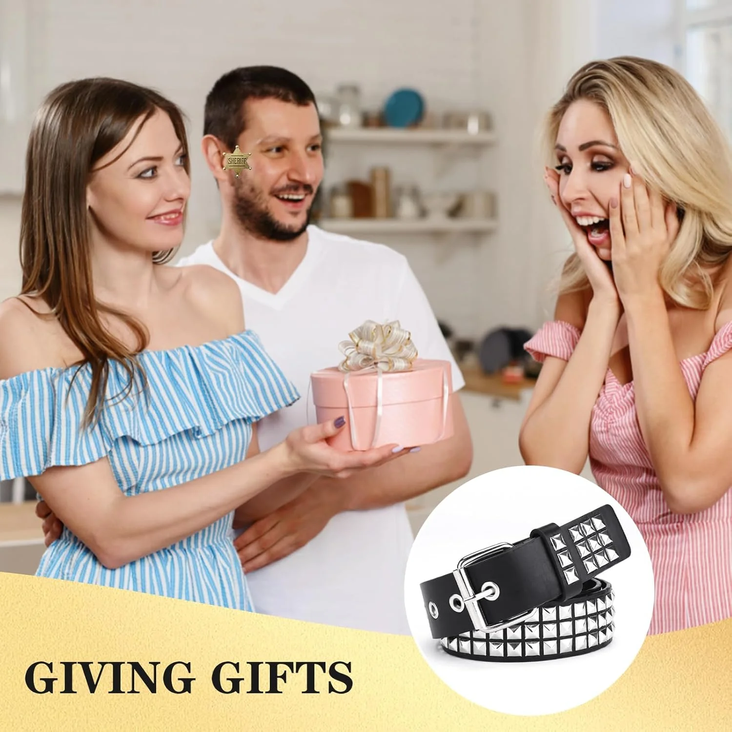 کمربند پانک منگوله دار چرمی پانک راک مشکی با سگک فلزی و پرچ های هرمی، مناسب برای شلوار جین، استایل راک، مردان و زنان، سایز آزاد