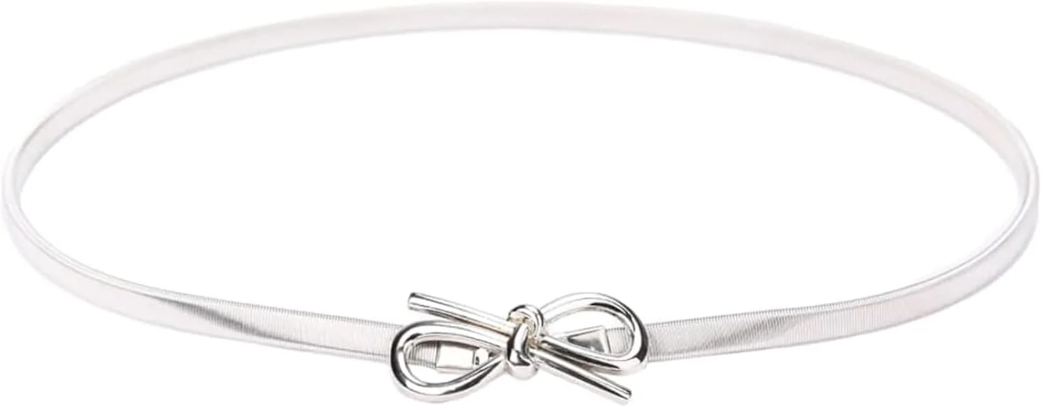 کمربند کشی زنانه HALAMODO با سگک پاپیونی - بند کمر الاستیک باریک قابل تنظیم نقره ای، کمربند لباسی چند منظوره برای دامن و شلوار