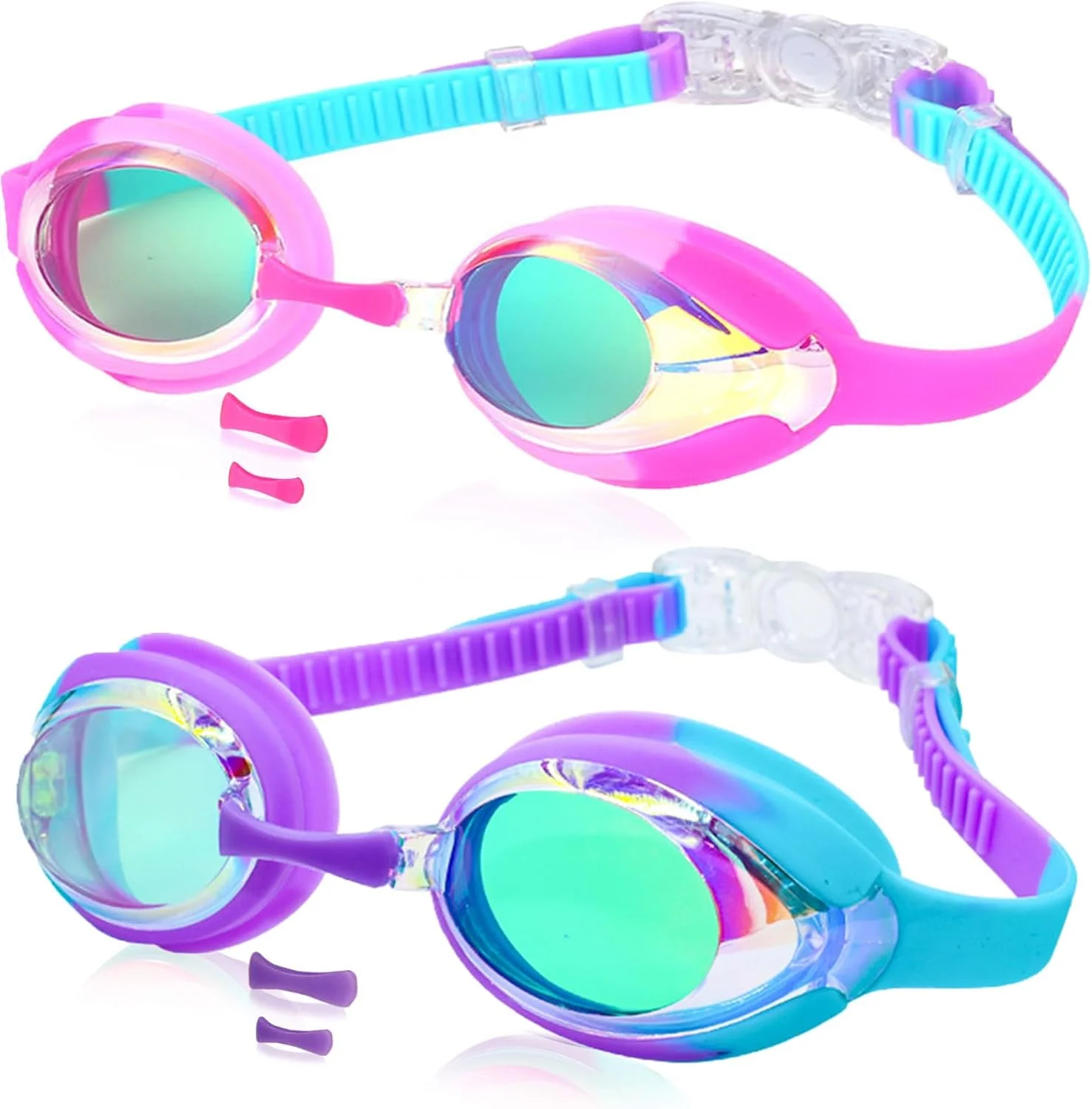 عینک شنا، بسته 2 عددی ضد بخار، ضد نشت و ضد آب با سیلیکون نرم، محافظت در برابر اشعه ماوراء بنفش، دید واضح، مناسب برای کودکان 3-14 ساله دختر و پسر