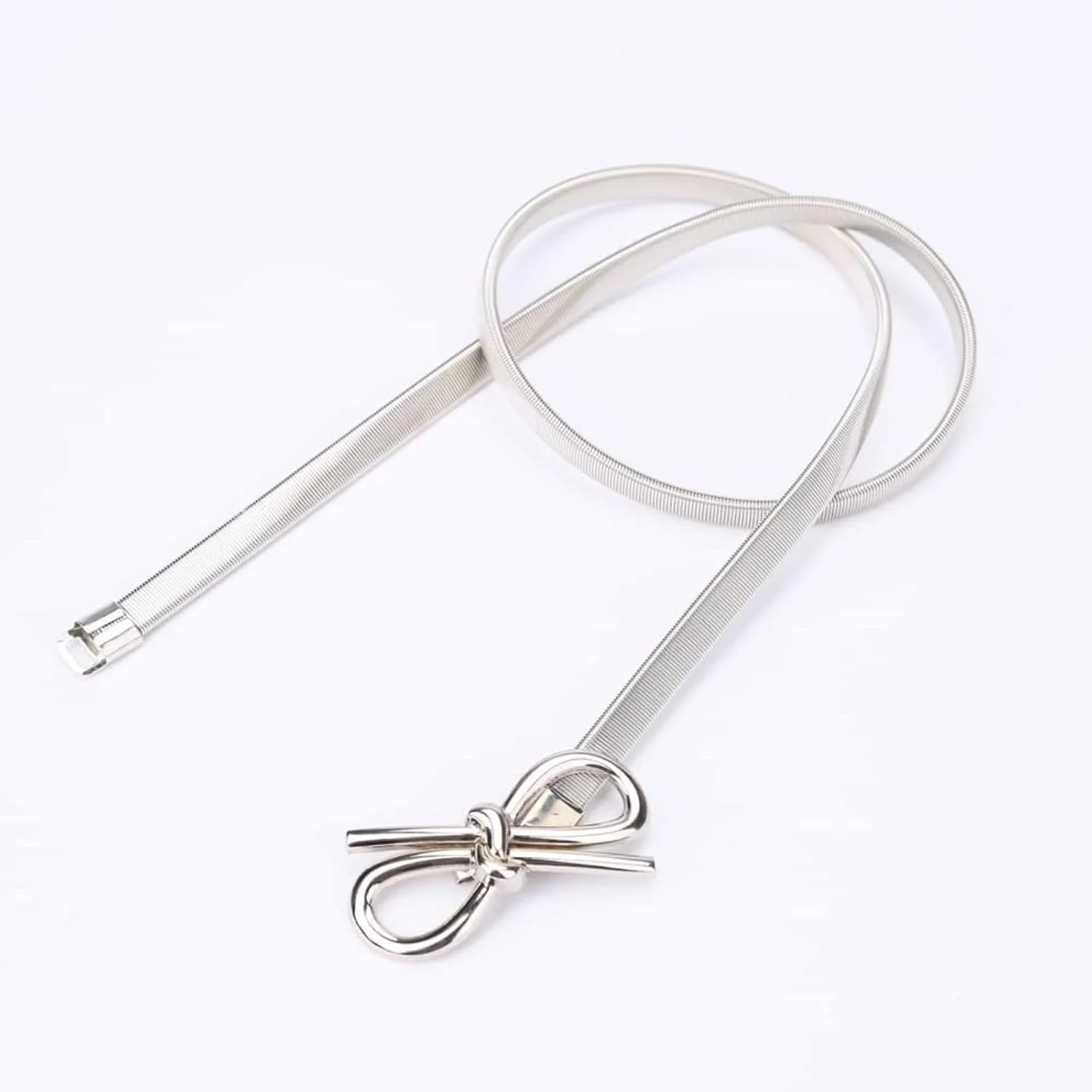 کمربند کشی زنانه HALAMODO با سگک پاپیونی - بند کمر الاستیک باریک قابل تنظیم نقره ای، کمربند لباسی چند منظوره برای دامن و شلوار