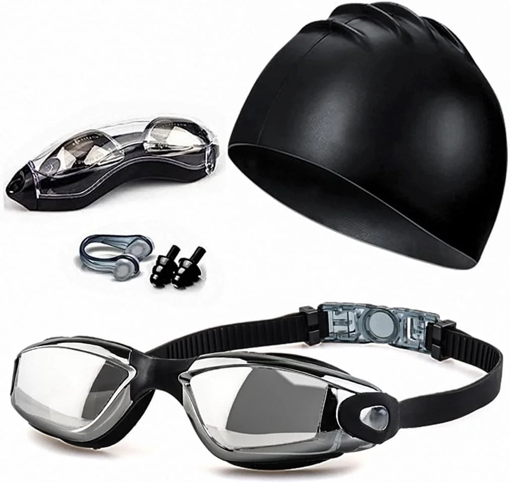 مجموعه عینک شنا Aowin با کلاه، گوش گیر، گیره بینی و کیف، عینک شنا مقاوم در برابر اشعه ماوراء بنفش و ضد بخار، عینک شنای دید واضح و عریض 5 در 1، بدون نشت گیره بینی و گوش گیر برای شنای مردان و زنان