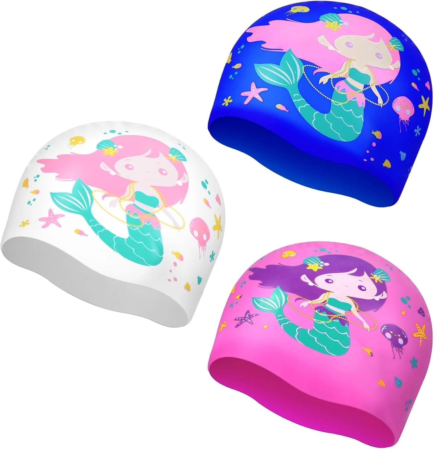ست ۳ عددی کلاه شنا کودکانه، کلاه شنای سیلیکونی بادوام برای پسران و دختران، کلاه شنای ضد آب مناسب استخر، کلاه شنای راحت پری دریایی برای موهای بلند و کوتاه، مناسب سنین ۳ تا ۱۲ سال