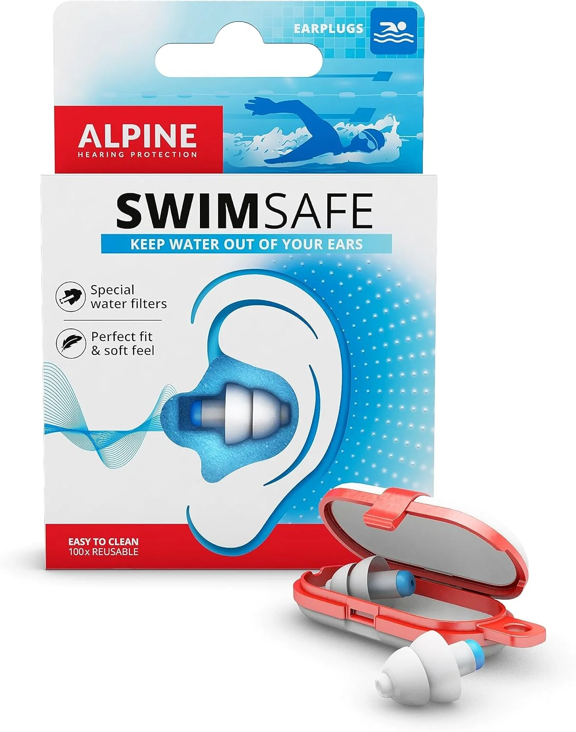 گوشی‌های محافظ گوش Alpine SwimSafe - گوشی‌های ضدآب و قابل استفاده مجدد برای شنا، محافظت در برابر آب و عفونت گوش، مواد ضد حساسیت راحت با جعبه نگهداری