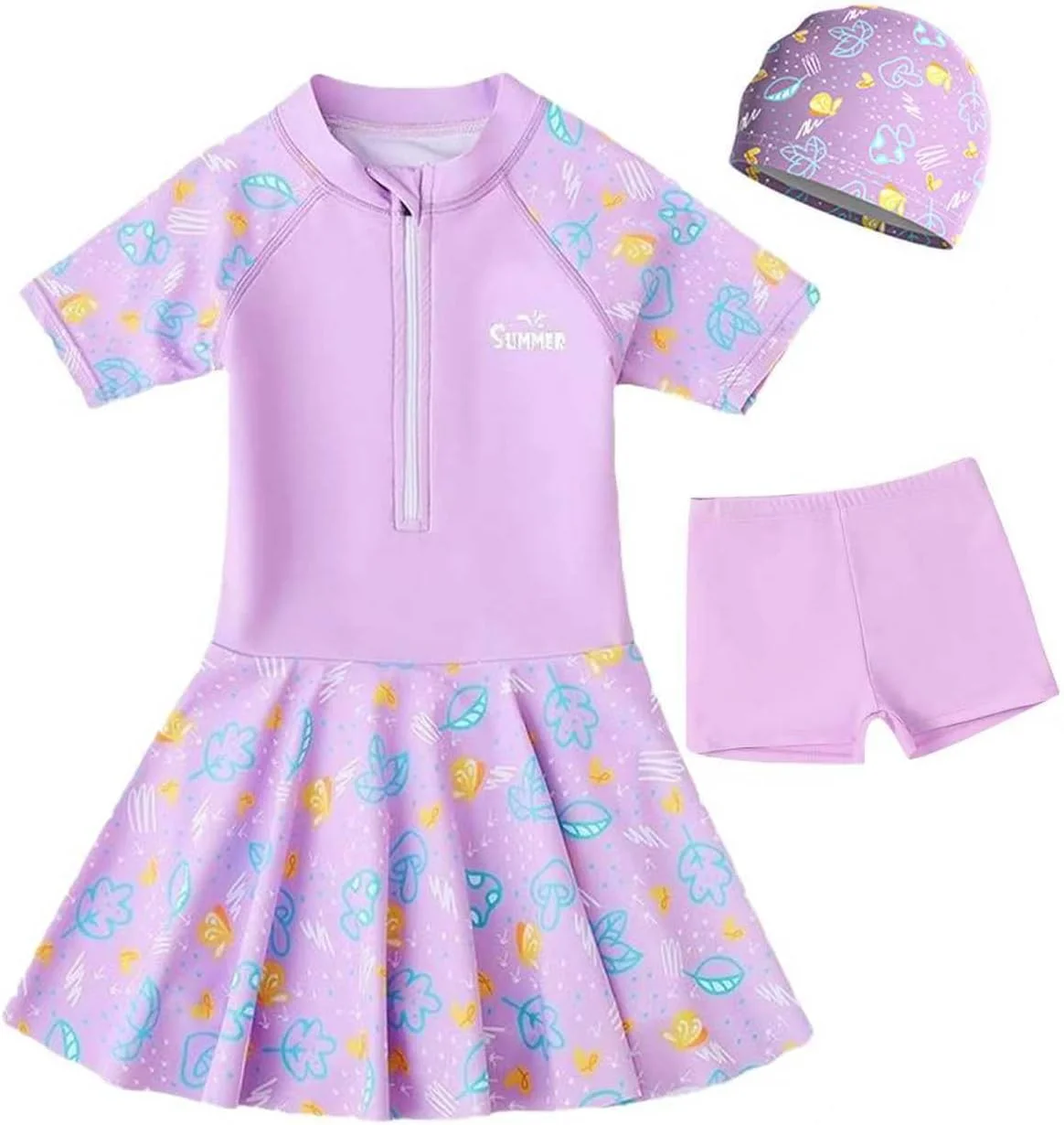 لباس شنا یک تکه دخترانه ALANX طرح کارتونی زیبا، لباس شنا دامن شورت دار، آستین کوتاه، مناسب فصل تابستان و خشک شدن سریع