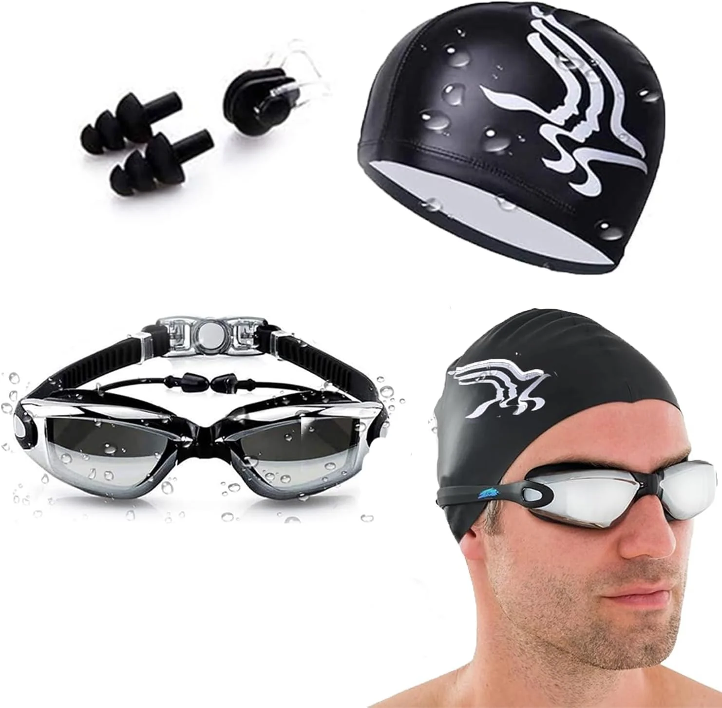 عینک شنا AMERTEER به همراه کلاه، گوش گیر و گیره بینی، ضد بخار، محافظت در برابر اشعه ماوراء بنفش، بدون نشتی، دید واضح، تنظیم آسان، کلاه شنای بادوام و ضد لغزش برای مردان، زنان و نوجوانان