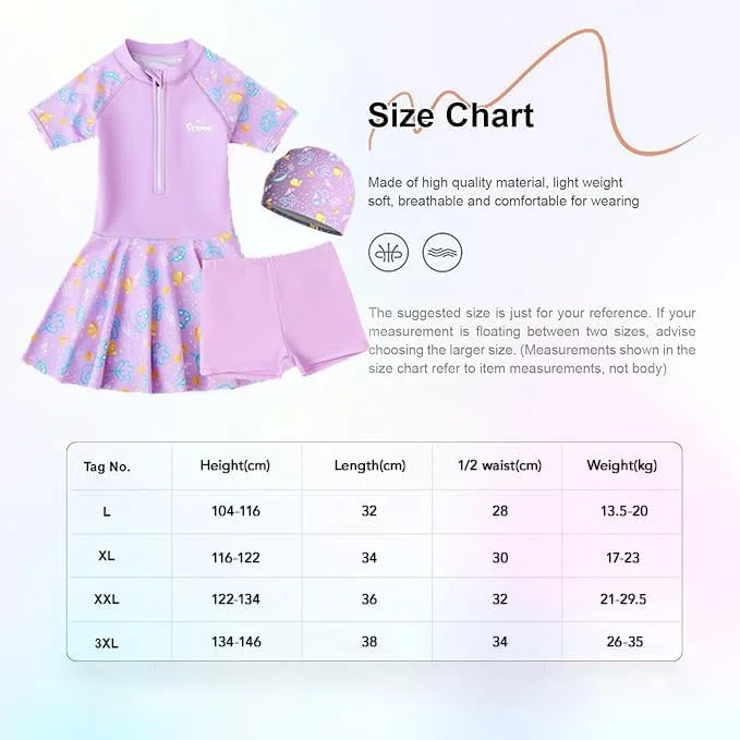 لباس شنا یک تکه دخترانه ALANX طرح کارتونی زیبا، لباس شنا دامن شورت دار، آستین کوتاه، مناسب فصل تابستان و خشک شدن سریع