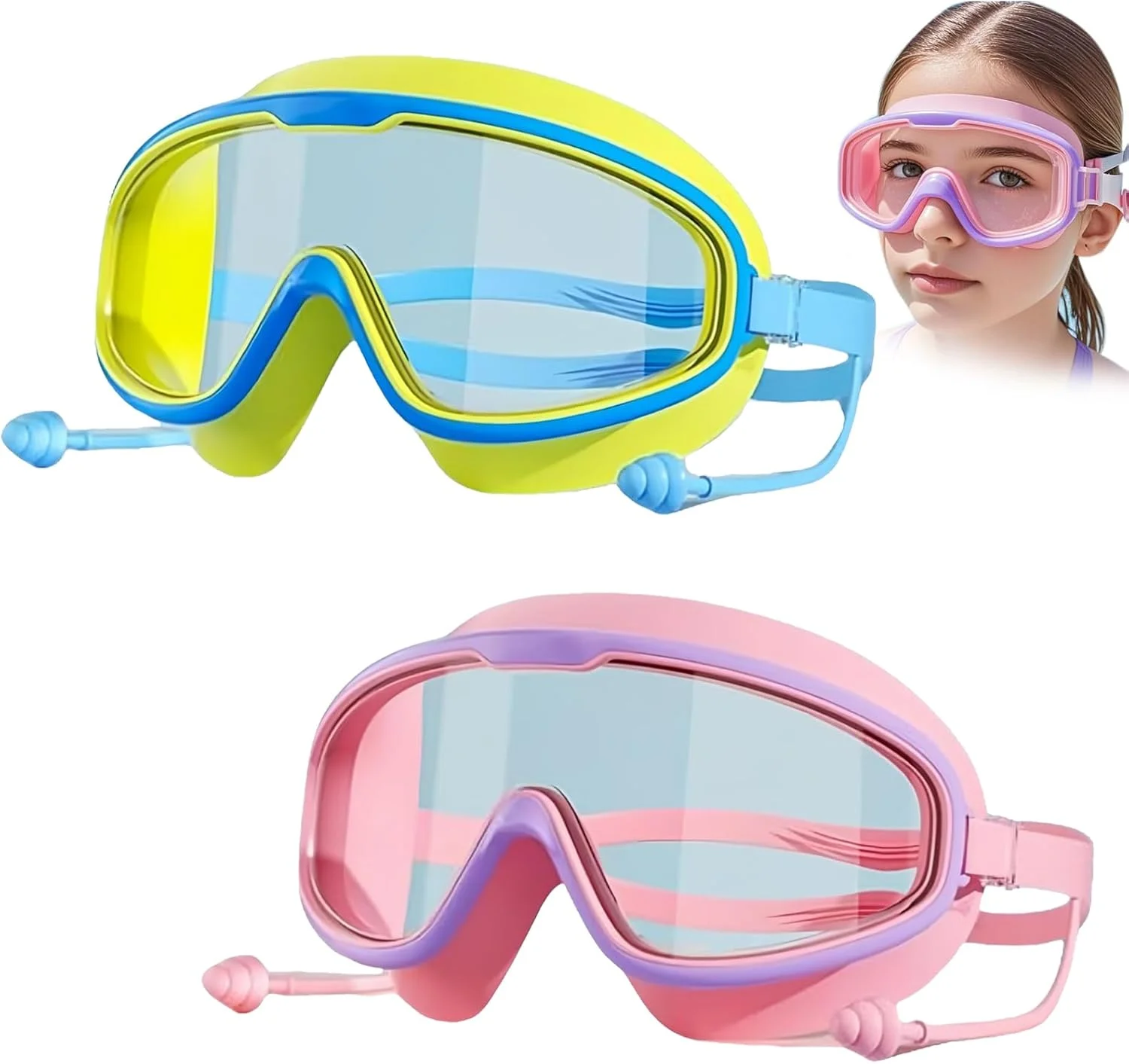 عینک شنای بچه گانه قابل تنظیم TONGLUO، 2 عدد، با گوش گیر شنای یکپارچه سیلیکونی نرم، عینک شنای کودکان HD ضد مه محافظت در برابر اشعه ماوراء بنفش بدون نشت ضد آب، طراحی دید گسترده 180 درجه برای سنین 3-14 سال