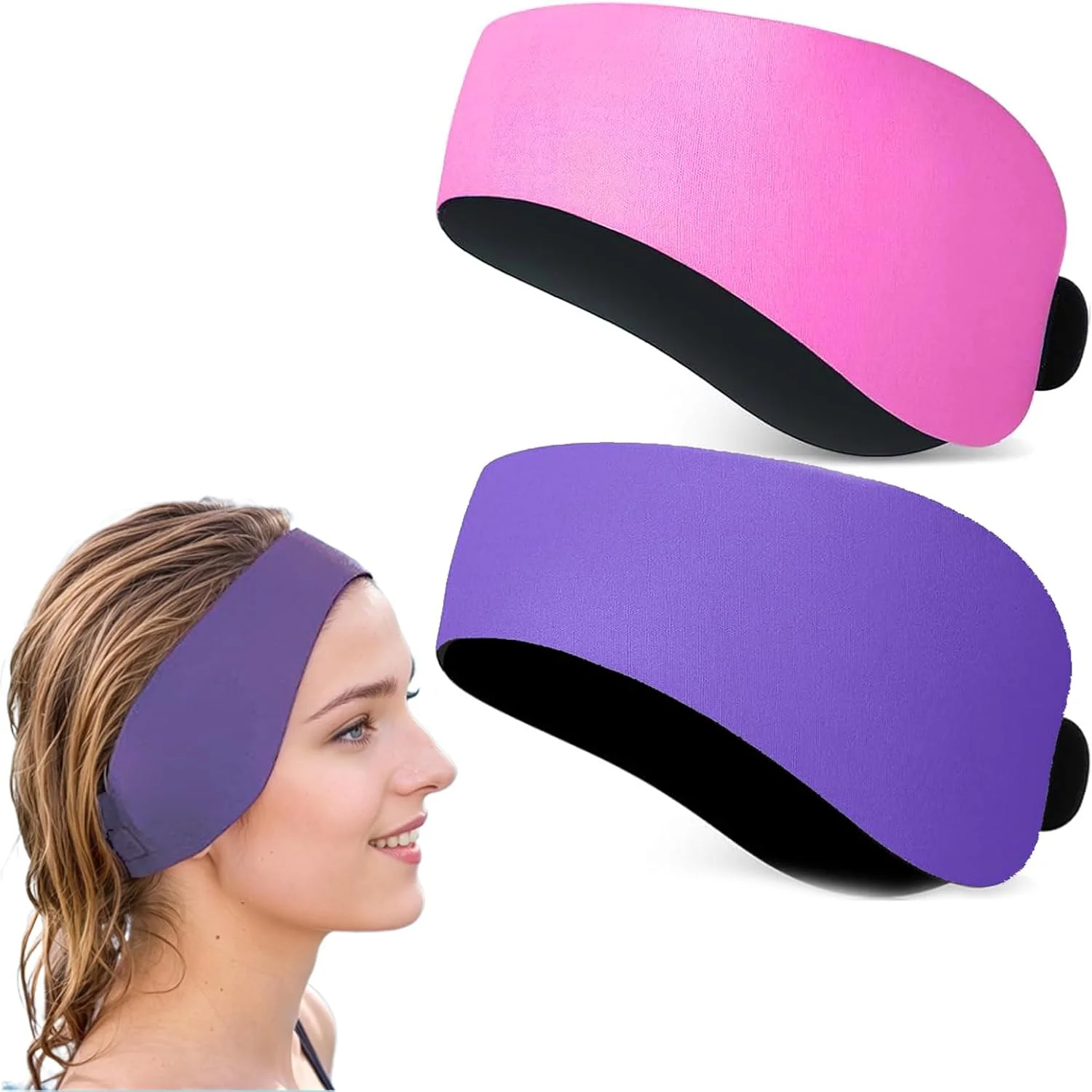 بسته 2 عددی هدبند شنای قابل تنظیم، هدبندهای الاستیک ضد آب برای بزرگسالان، محافظ گوش بند شنا برای استخر، موج سواری، غواصی و ورزش های آبی مردانه و زنانه (صورتی+بنفش، L)