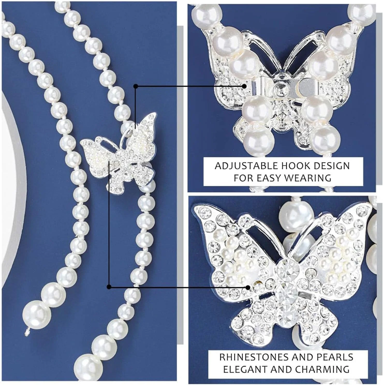 زنجیر کمری مرواریدی اکسفور برای زنان و دختران، کمربند اتصال بدنه قابل تنظیم با سگک پروانه ای، جواهرات کمری مرواریدی بدلی مد روز، جواهرات ساحلی تابستانی برای شلوار جین و لباس