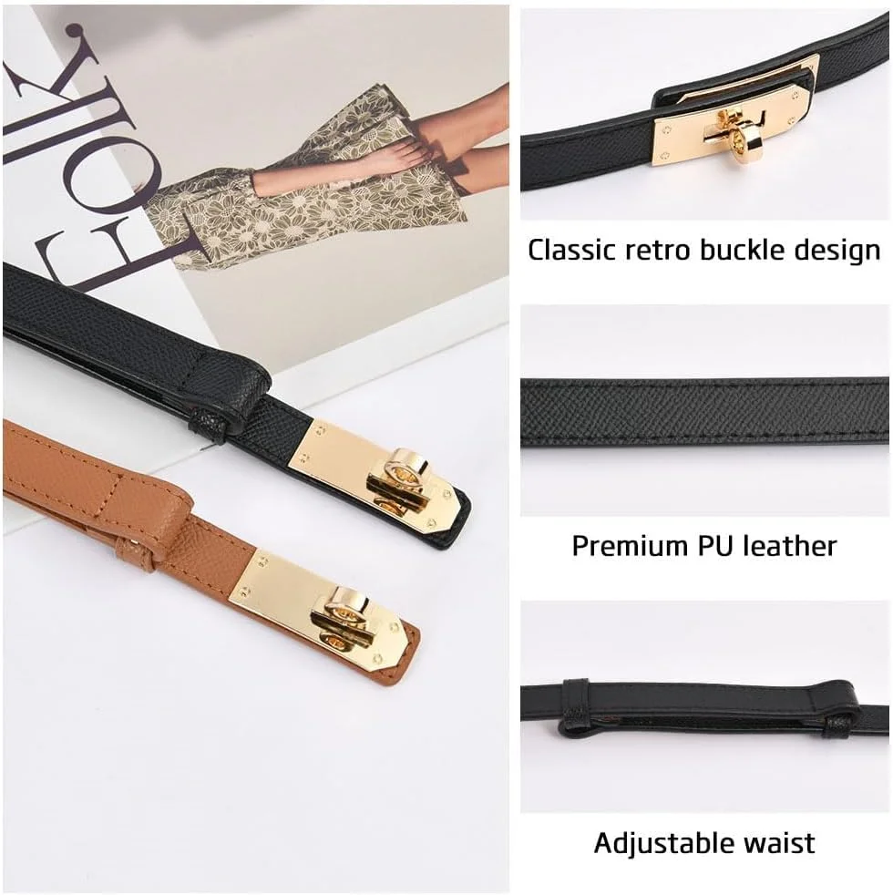 کمربند باریک چرمی زنانه Excefore، کمربند باریک کشی، کمربند مجلسی قابل تنظیم، کمربند باریک کمر، قفل چرخشی آلیاژی با رنگ ثابت کلاسیک، مناسب برای لباس، شلوار جین، کت