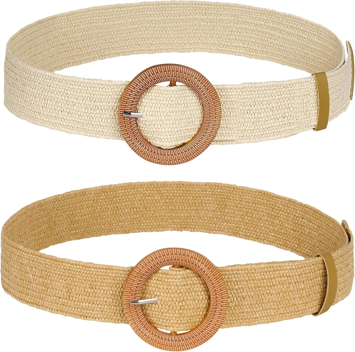 کمربند پهن زنانه، 2 عدد کمربند کشی بافته شده از جنس حصیری، کمربندهای پهن کشی با سگک گرد برای لباس تابستانی، رقص، لوازم جانبی بافته شده