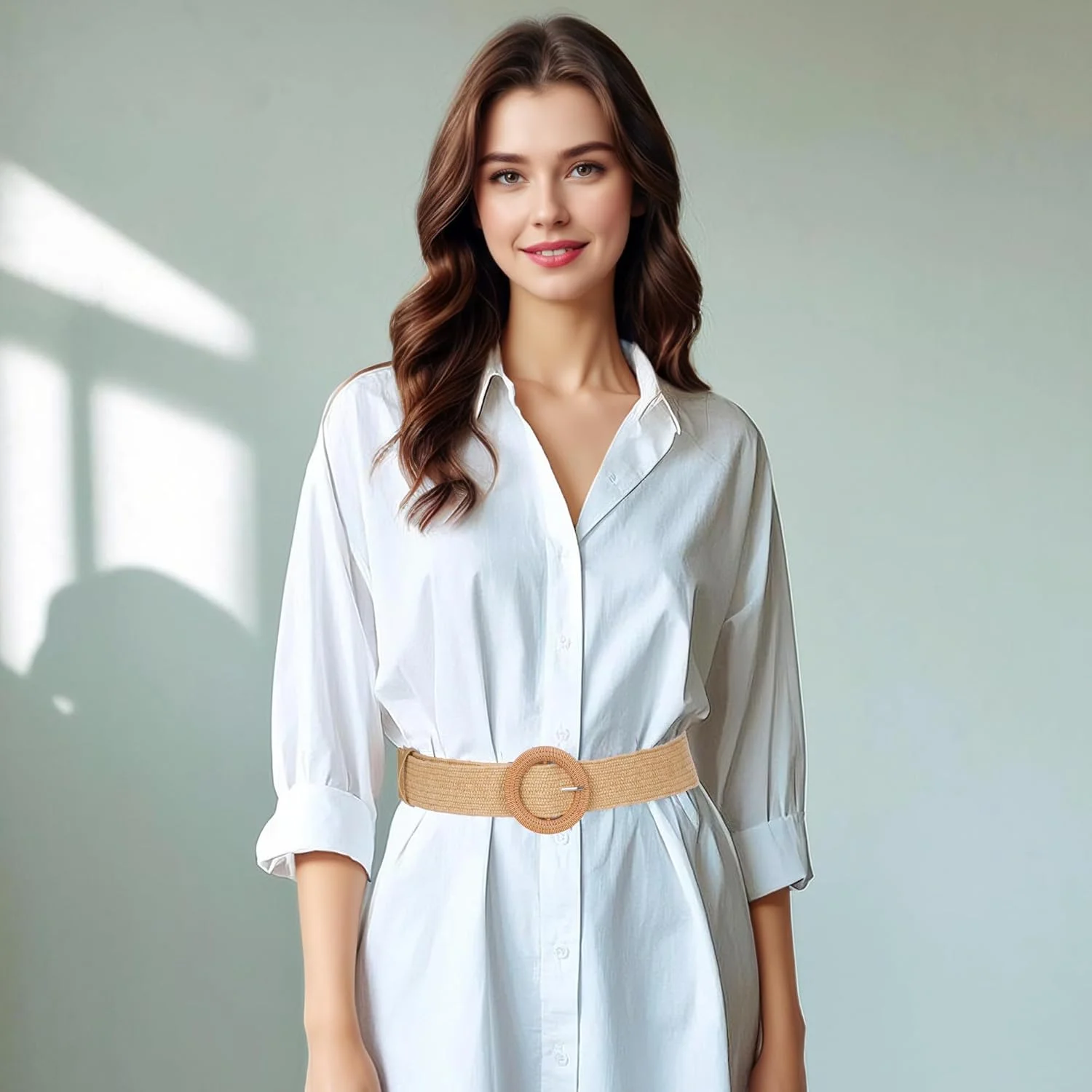 کمربند پهن زنانه، 2 عدد کمربند کشی بافته شده از جنس حصیری، کمربندهای پهن کشی با سگک گرد برای لباس تابستانی، رقص، لوازم جانبی بافته شده