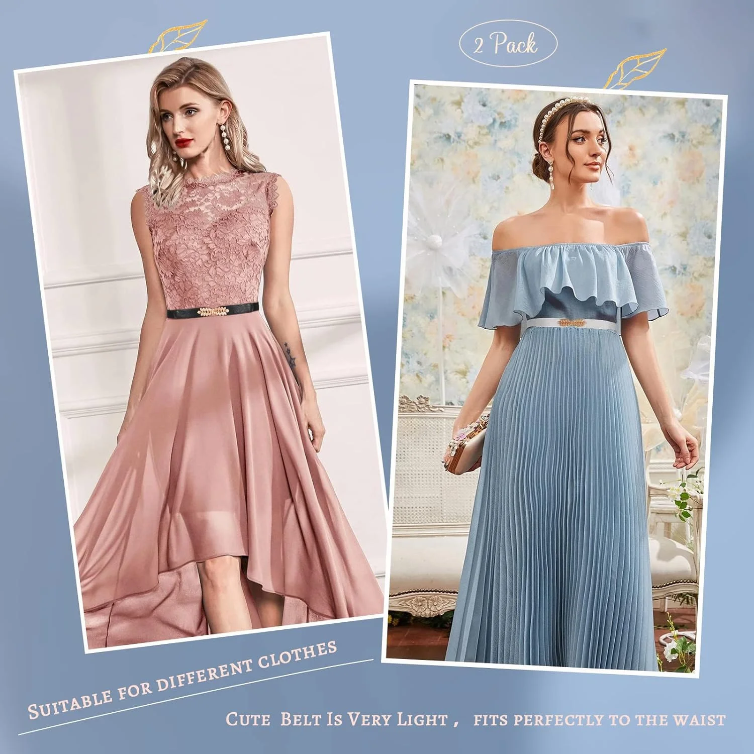 کمربند باریک زنانه، 2 عدد کمربند کشی یکپارچهسازی با سیستمعامل برای لباس، کمربندهای باریک و نازک مد روز کمر، برای شلوار جین، لباس، شورت، تزئین لباس عروسی، کمربند همه کاره سگک جفتی ساده و نازک