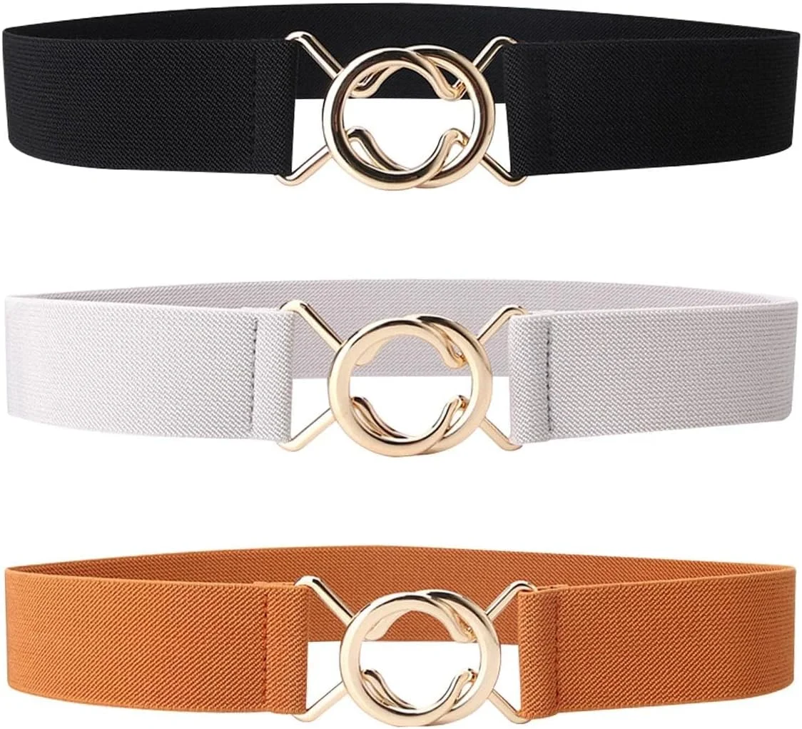 ست کمربند کشی زنانه 3 عددی، کمربندهای فشن و سبک وینتیج، کمربند حلقه دوتایی، سگک تخت بدون سوراخ، کمربند کمر کشی رترو برای شلوار جین و پیراهن