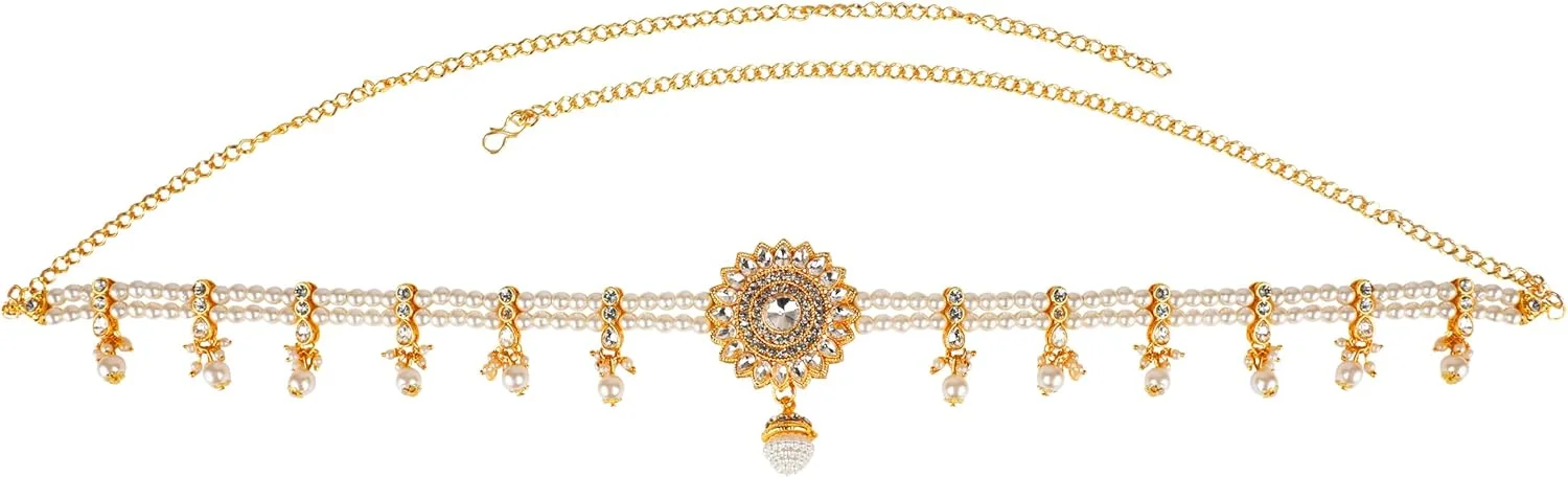 زنجیر کمر هندی Efulgenz، کمربند کمر، زنجیر شکم، کامربند، طلایی رنگ به سبک بالیوود، مروارید مصنوعی مهره‌دار، کریستال، نگین‌دار، طرح گل، بدلیجات عروسی برای زنان، اکسسوری‌های مد و لباس