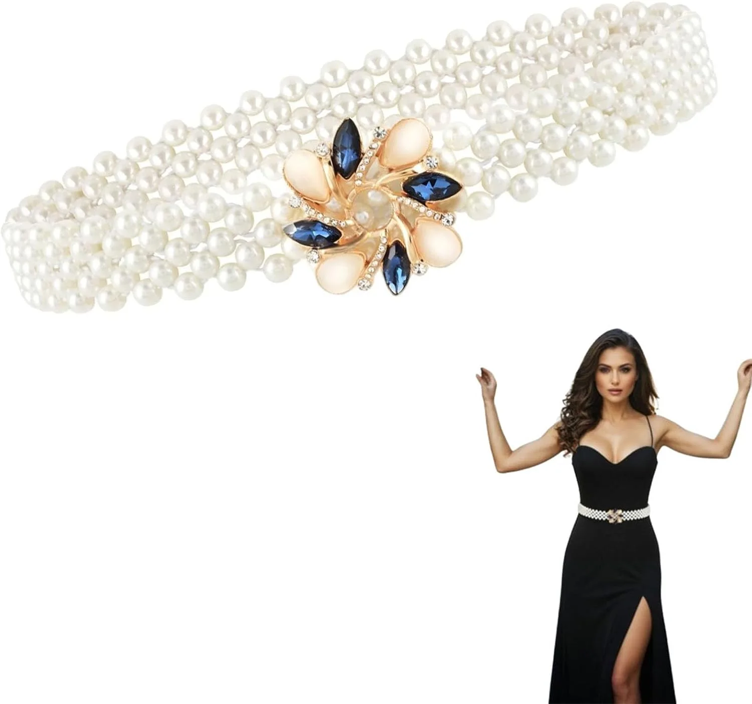 کمربند کشی زنانه مروارید و نگین دار - کمربند تزئینی لباس با جزئیات درخشان - اکسسوری شیک برای لباس ها - ایده آل برای زنان و دختران