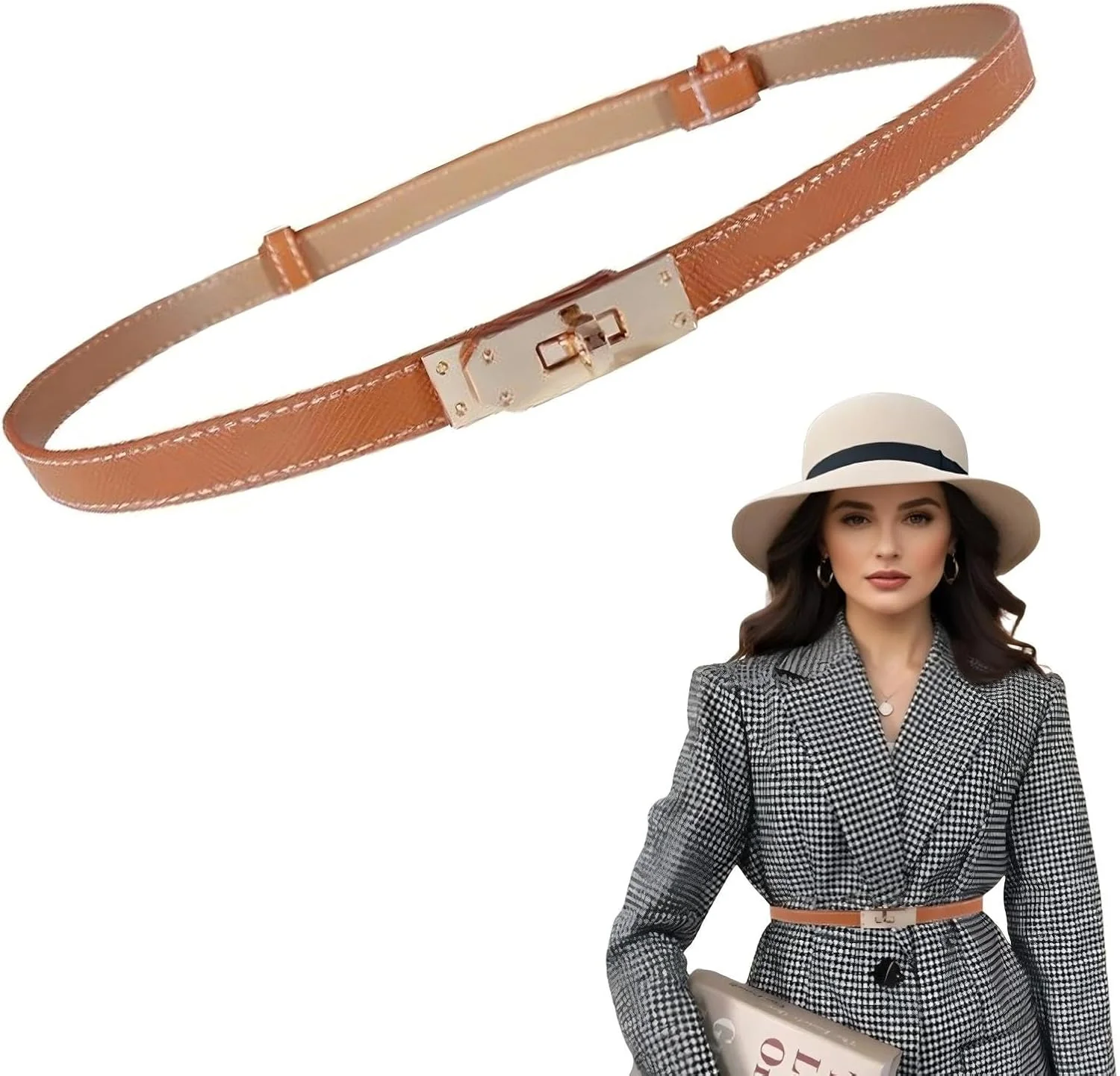 کمربندهای باریک قابل تنظیم زنانه - اکسسوری های شیک برای لباس و شلوار جین - قفل چرخشی آلیاژ رنگ ثابت - کمربندهای مد روز