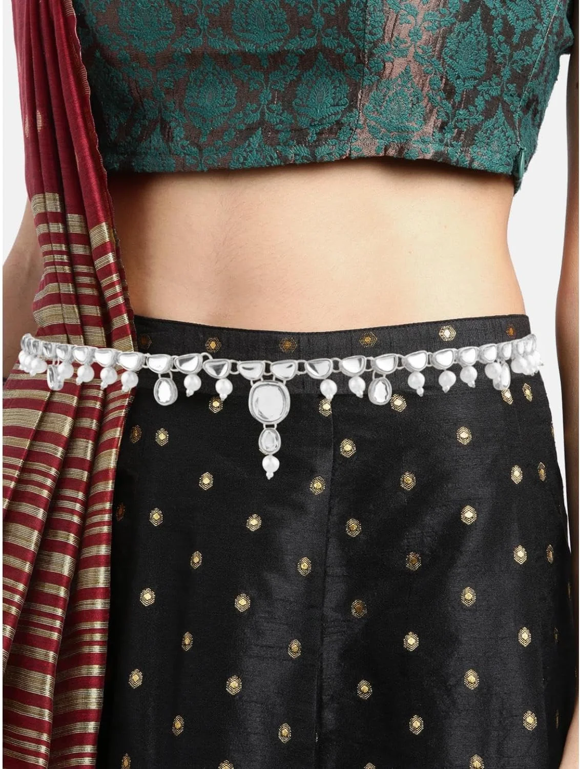 Efulgenz جواهرات هندی اکسید شده کمربند زنجیره ای شکم با نگین های مصنوعی و مروارید بدلی، سبک بوهو، بوهمی، رترو، وینتیج، زیورآلات بدن آویز کمر برای زنان