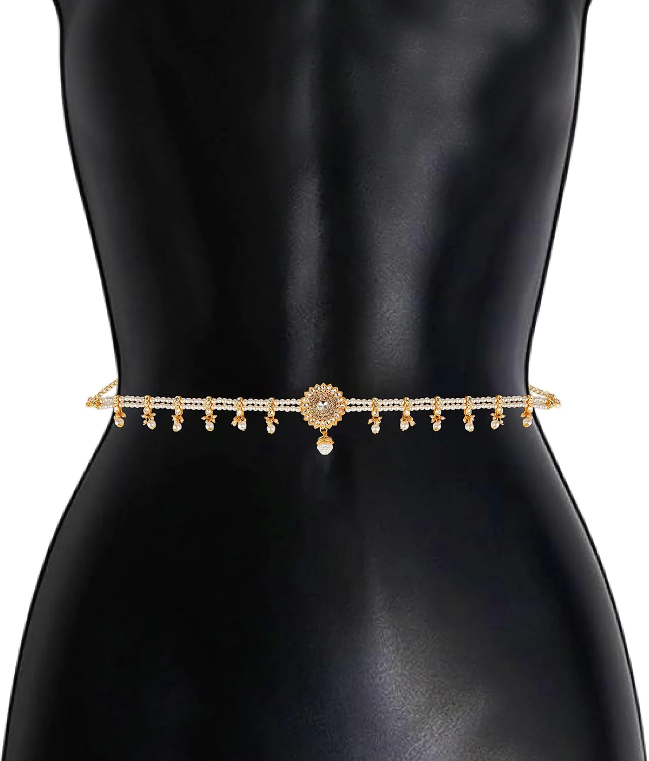 زنجیر کمر هندی Efulgenz، کمربند کمر، زنجیر شکم، کامربند، طلایی رنگ به سبک بالیوود، مروارید مصنوعی مهره‌دار، کریستال، نگین‌دار، طرح گل، بدلیجات عروسی برای زنان، اکسسوری‌های مد و لباس
