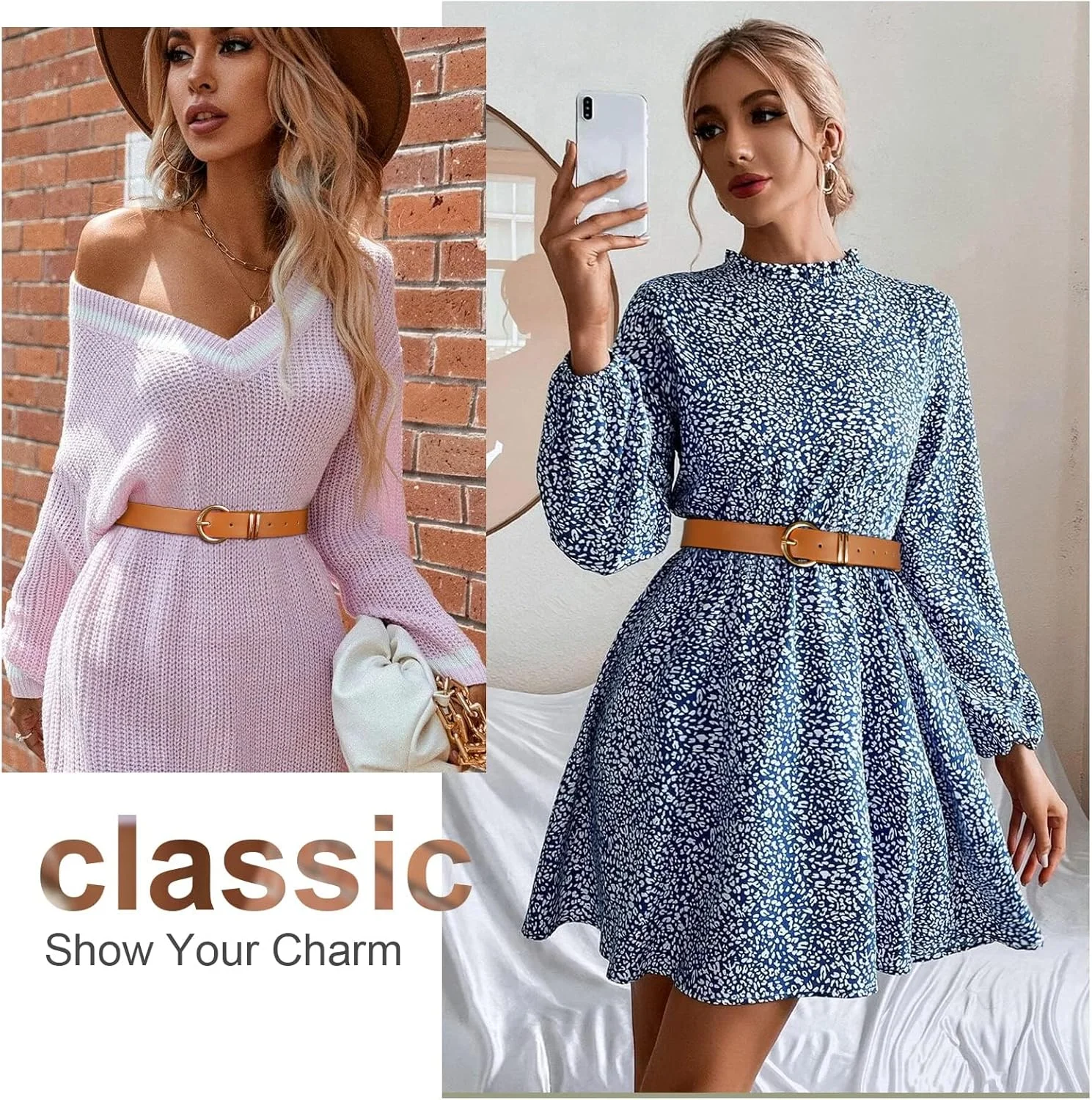 کمربند چرمی زنانه با سگک طلایی، مناسب برای شلوار جین و پیراهن، بسته 2 عددی