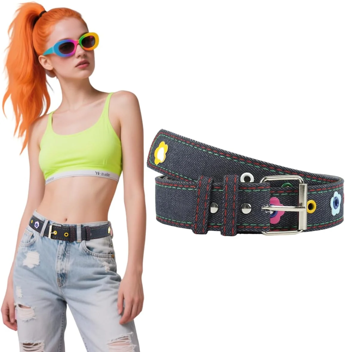 کمربند طرح چهارخانه زنانه، کمربند باریک کمر با تزئینات گل های رنگارنگ، سگک فلزی قابل تنظیم، کمربند باریک مد روز زنانه، مناسب برای لباس، شلوار جین، کت، سرمه ای