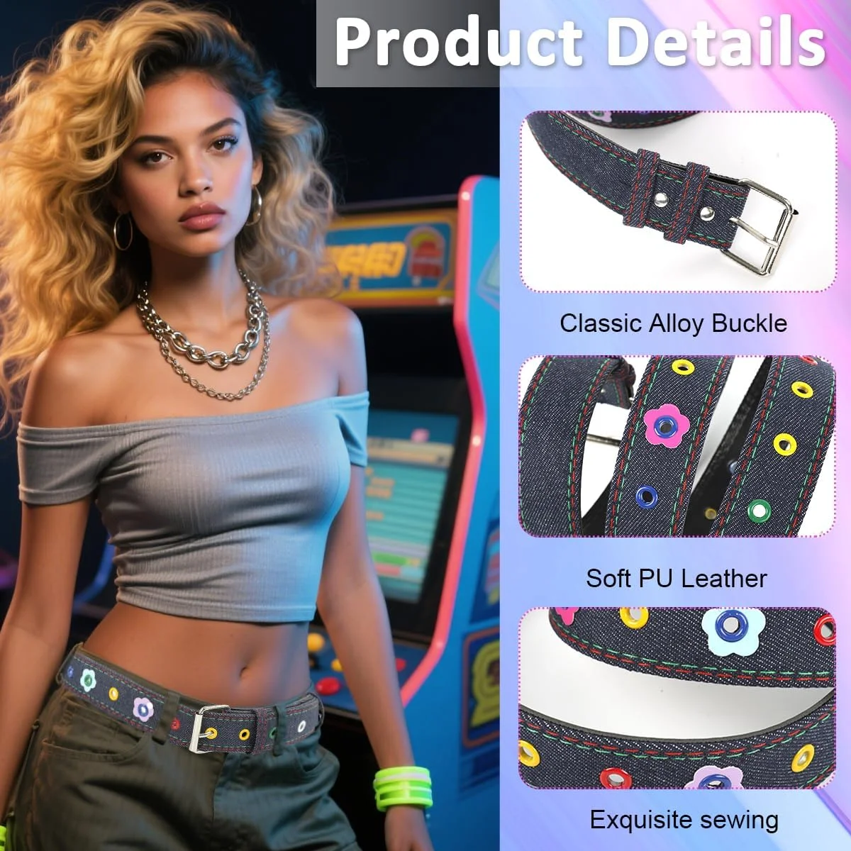 کمربند طرح چهارخانه زنانه، کمربند باریک کمر با تزئینات گل های رنگارنگ، سگک فلزی قابل تنظیم، کمربند باریک مد روز زنانه، مناسب برای لباس، شلوار جین، کت، سرمه ای