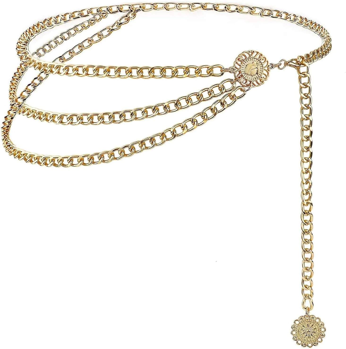 کمربند زنجیری فلزی چند لایه برای لباس، مناسب برای شلوار جین، دامن، شلوار، پیراهن، دختران و زنان (طلایی، 130 سانتی متر)