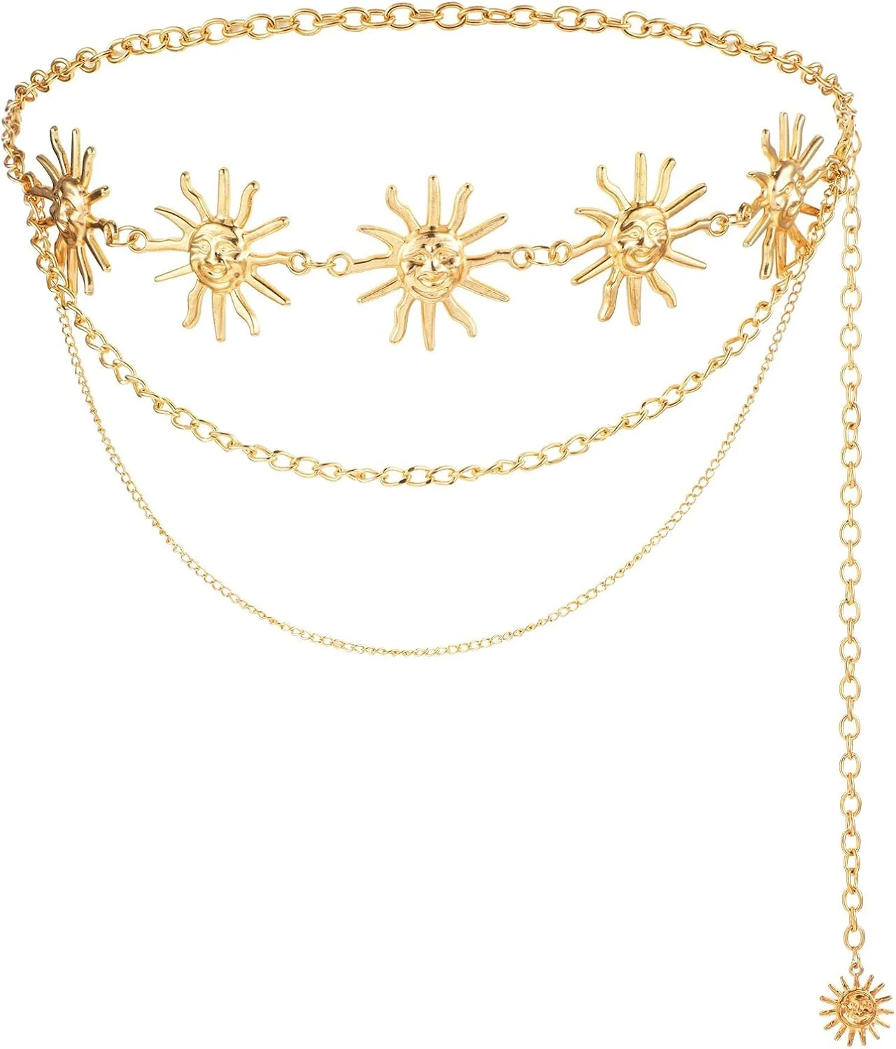 کمربند زنجیری چند لایه فلزی خورشید آویز دار، مناسب شلوار جین و پیراهن