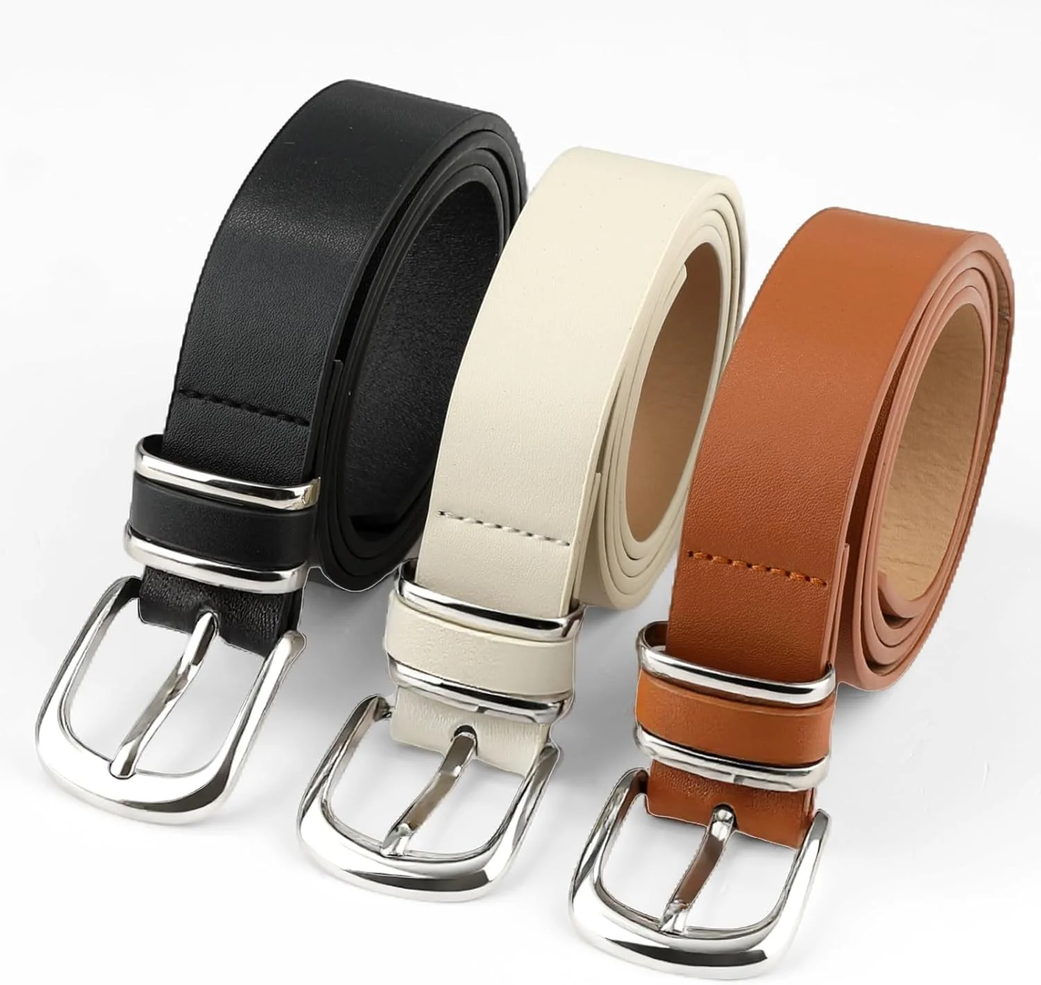 ست 3 عددی کمربند زنانه، کمربند باریک چرمی PU با سگک فلزی برای پیراهن، شلوار و رامپر، اکسسوری مد روز قابل تنظیم برای لباس های غیر رسمی یا رسمی، مشکی/شتری/بژ