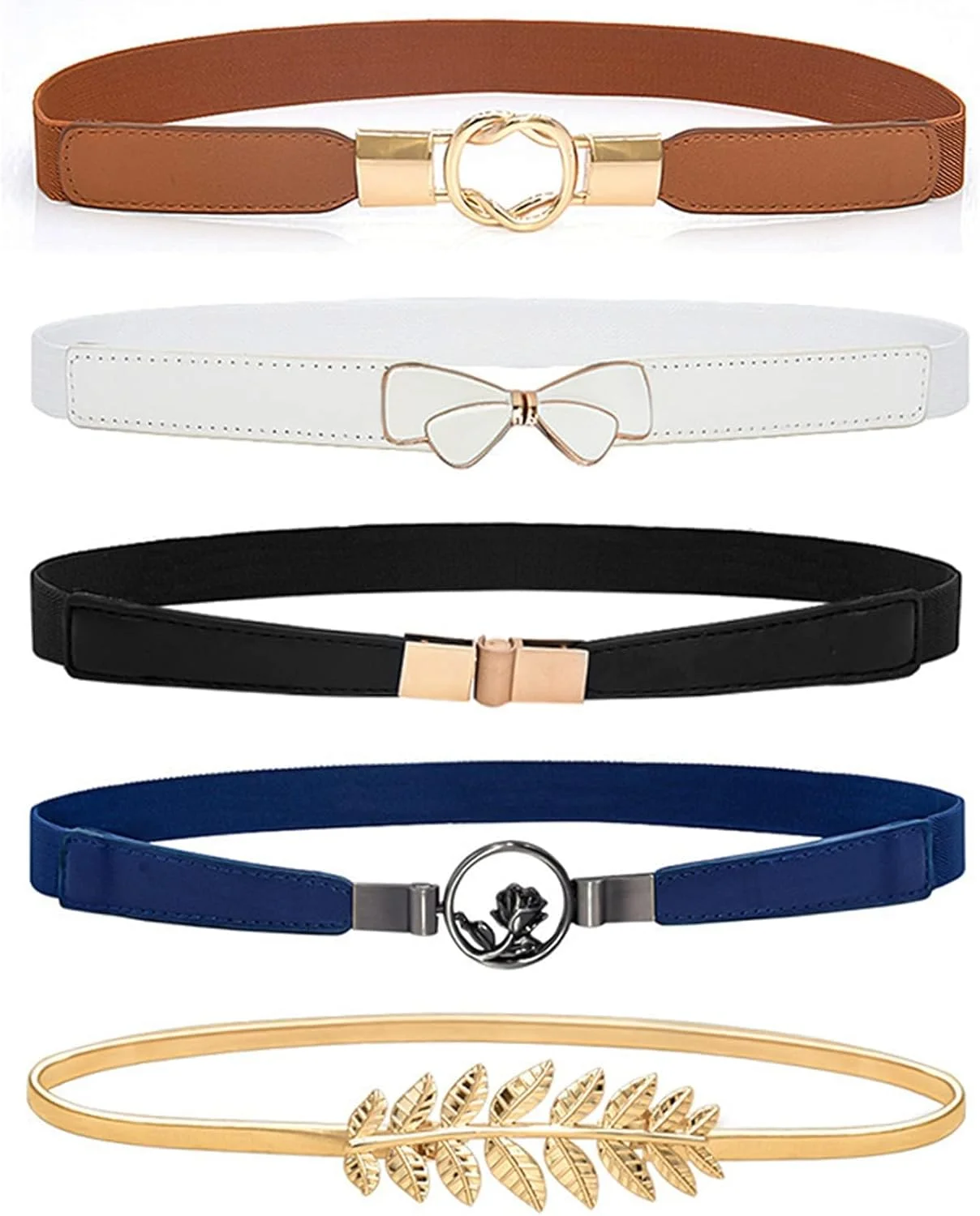 ست 5 عددی کمربند باریک چرمی زنانه، کمربندهای کشی مناسب لباس، کمربندهای الاستیک برای دور کمر، مناسب برای لباس، بافتنی پشمی، شلوار جین، راحت با سگک فلزی طلایی و قابل تنظیم
