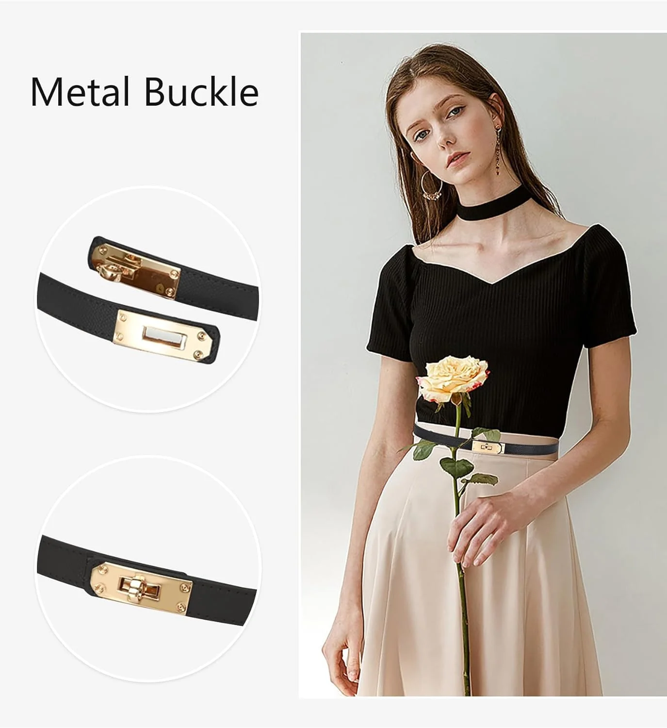 کمربند چرمی باریک زنانه با سگک قفلی نقره ای قابل تنظیم، ایده آل برای لباس، شلوار جین و کت، مشکی