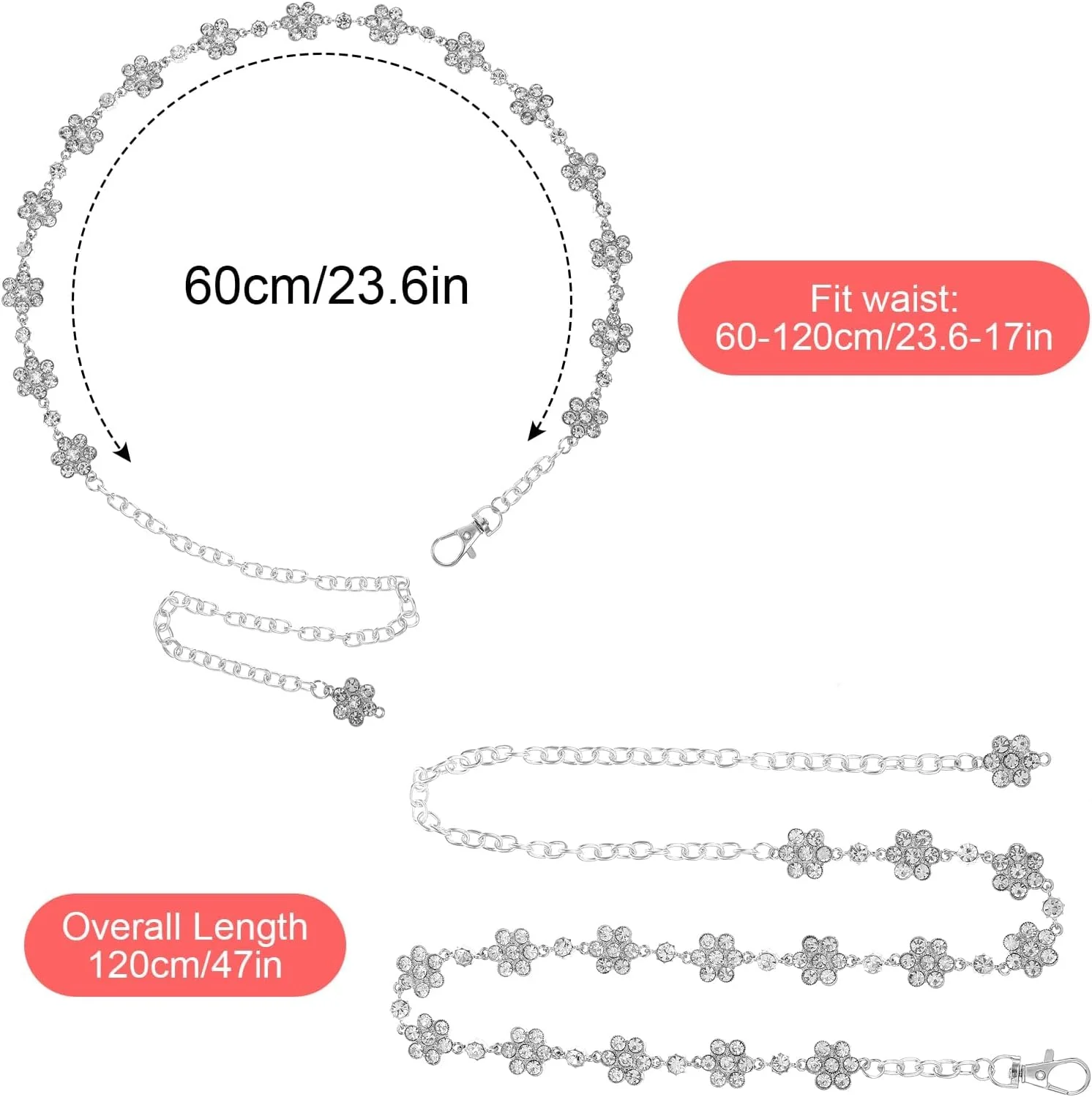 کمربند نقره ای نگین دار زنانه، کمربند زنجیره ای نقره ای قابل تنظیم با گل فلزی کریستالی برای لباس