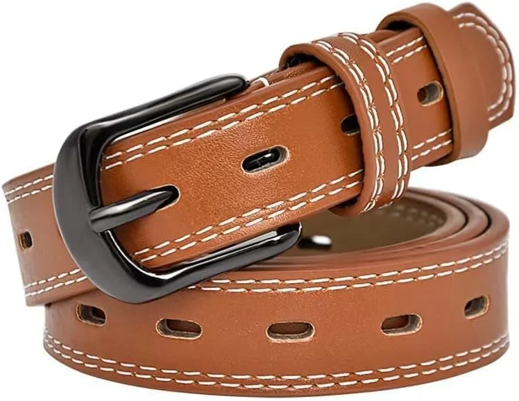 کمربند باریک زنانه چرمی اصل با دوخت متضاد، کمربند قهوه ای قابل تنظیم برای لباس های غیر رسمی و رسمی، طراحی شیک و قدیمی