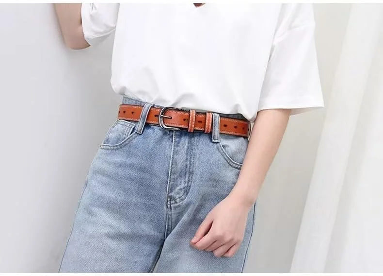 کمربند باریک زنانه چرمی اصل با دوخت متضاد، کمربند قهوه ای قابل تنظیم برای لباس های غیر رسمی و رسمی، طراحی شیک و قدیمی کمربند باریک زنانه چرمی اصل با دوخت متضاد، کمربند قهوه ای قابل تنظیم برای لباس های غیر رسمی و رسمی، طراحی شیک و قدیمی
