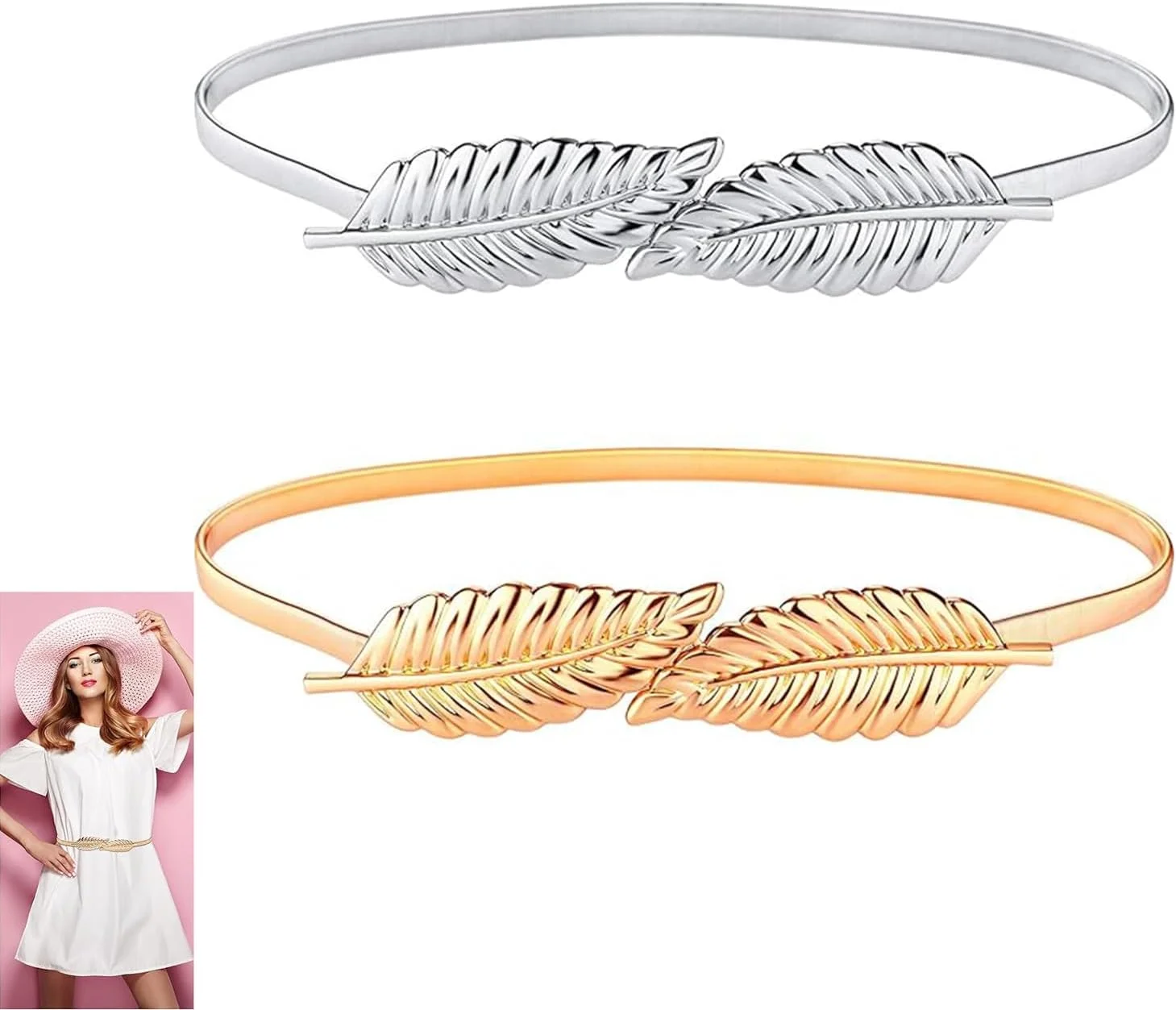 کمربند زنانه بولیوی، 2 عدد کمربند باریک کشسان و تزئینی با سگک قابل تنظیم برای لباس، شلوار جین، لباس رسمی، دامن، کمربند زنجیری فلزی برگ دار زنانه