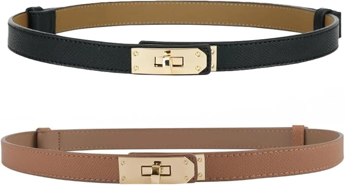 ست 2 عددی کمربند باریک چرمی زنانه با سگک قفلی قابل تنظیم - ایده آل برای پیراهن، شلوار جین، شلوار و کت